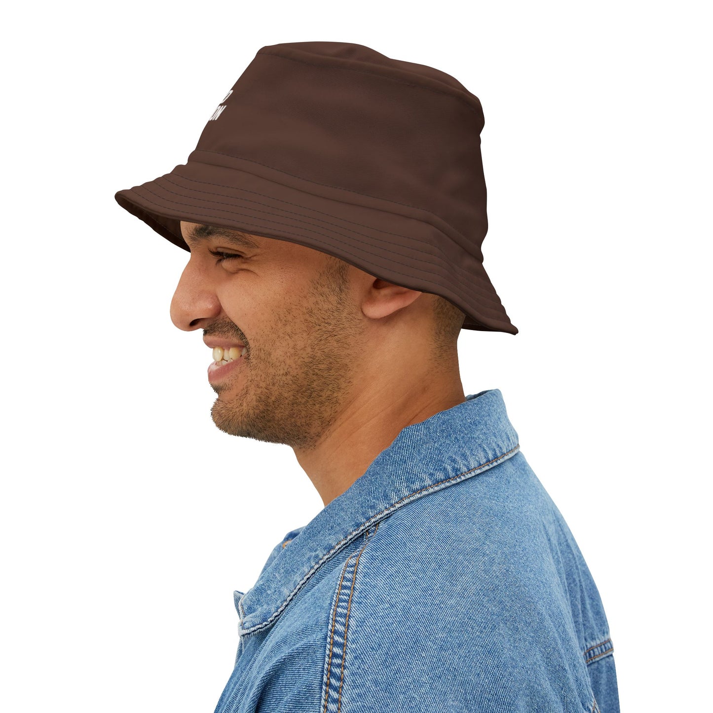 Funny brown bucket hat with 'Too Tired to Function' text on a white background. TEEZOCA