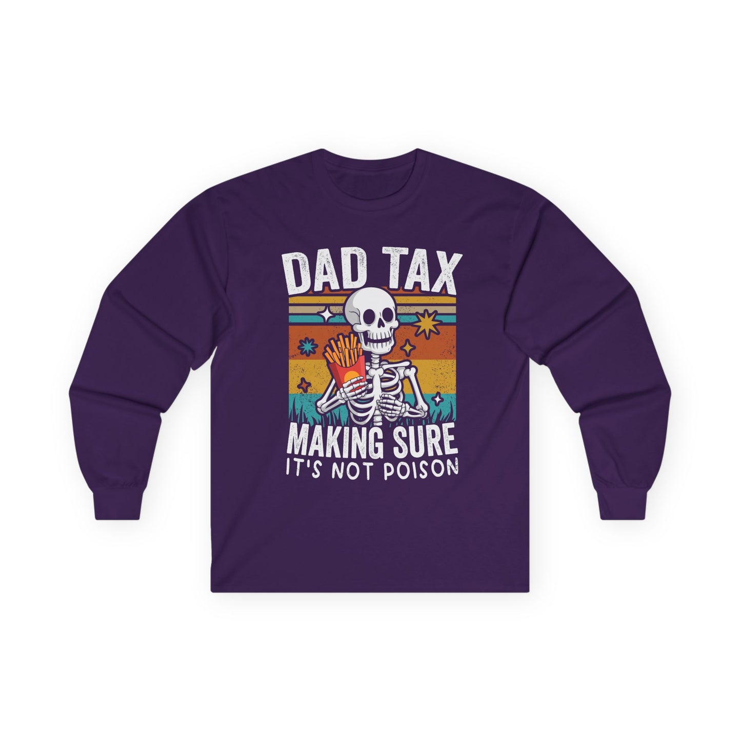 Purple long-sleeve shirt with a skeleton graphic and text on a white background