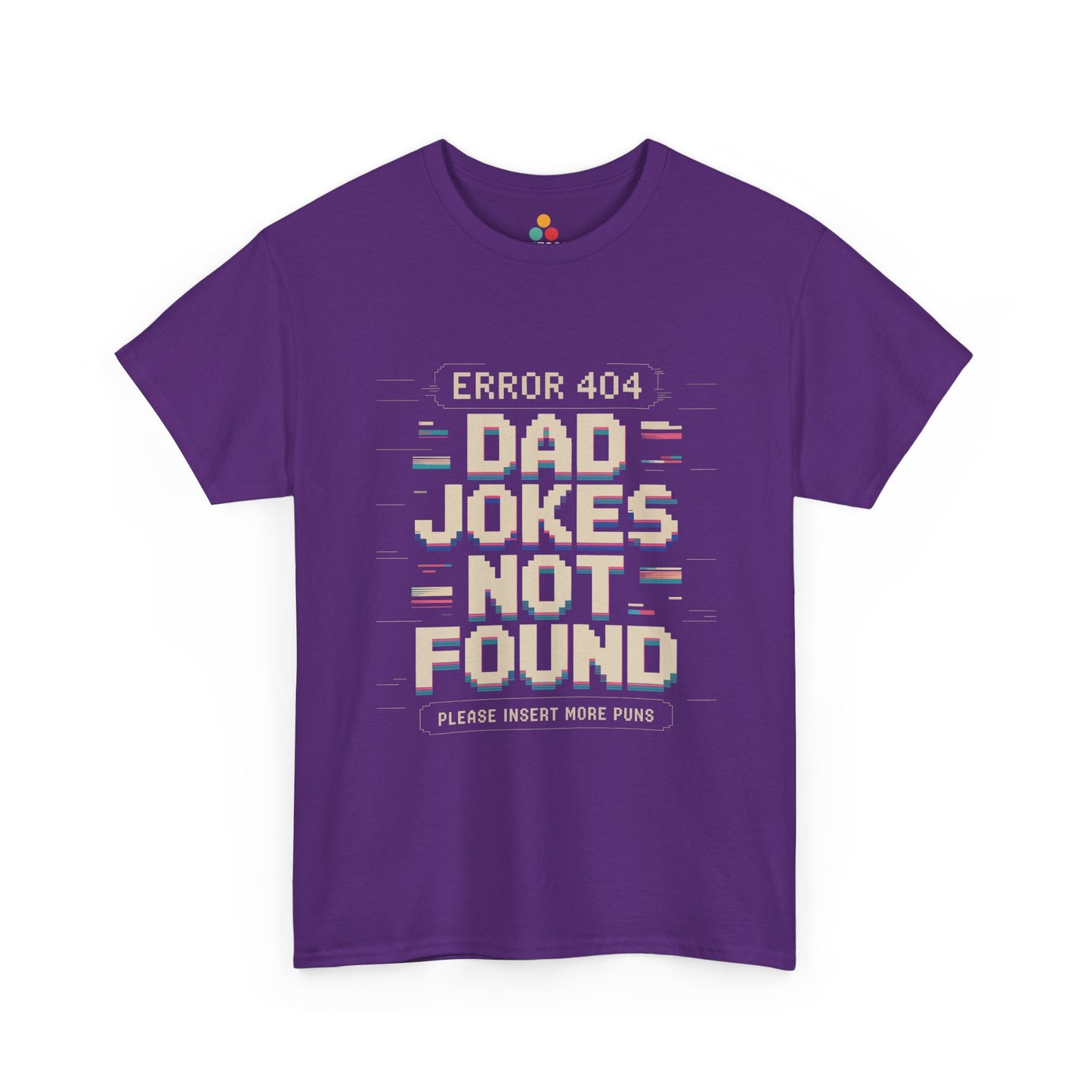 TEEZOCA purple “Error 404 Dad Jokes Not Found” novelty dad joke T‑shirt displayed on a plain background.