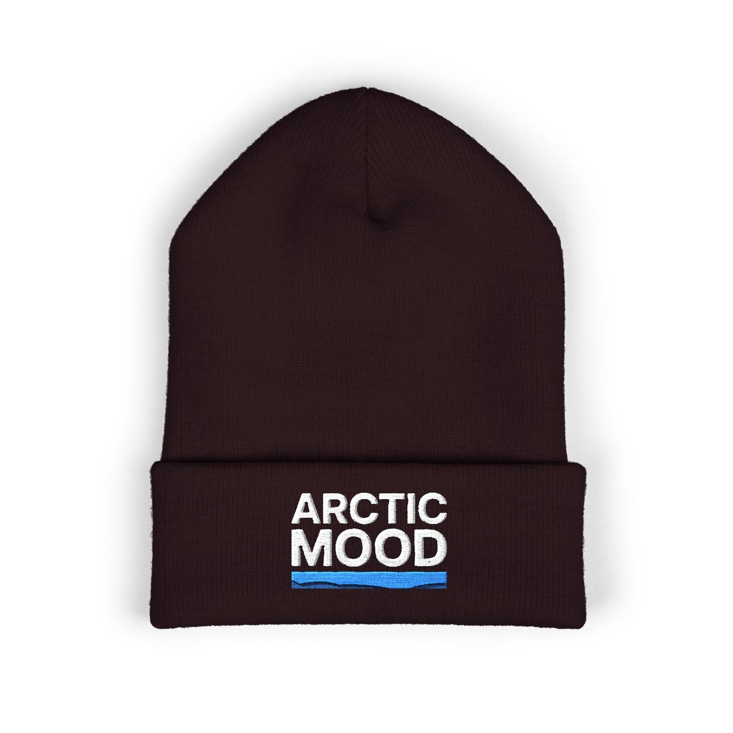 Black beanie with 'Arctic Mood' text on a white background