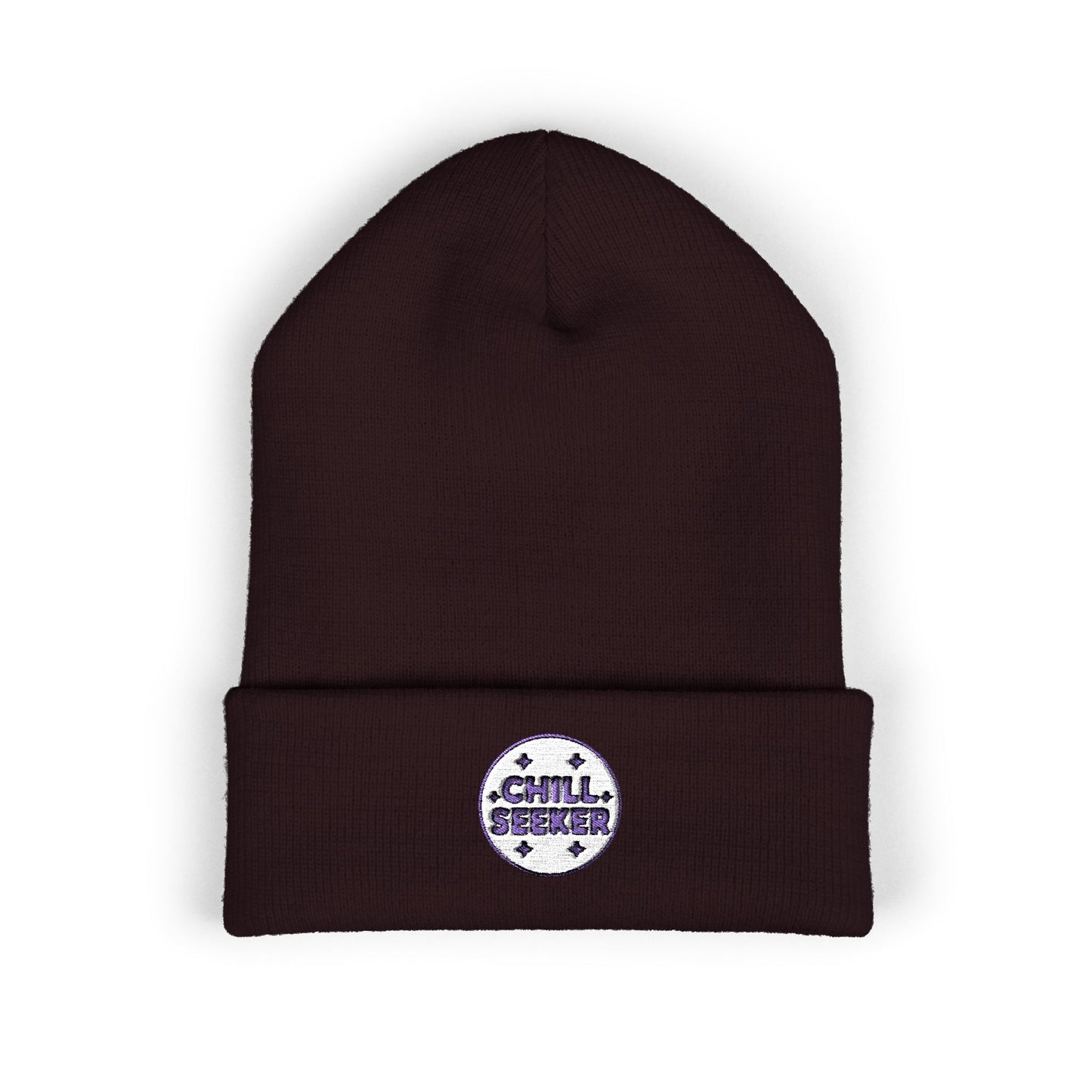 Brown beanie with 'Chill Seeker' logo on a white background