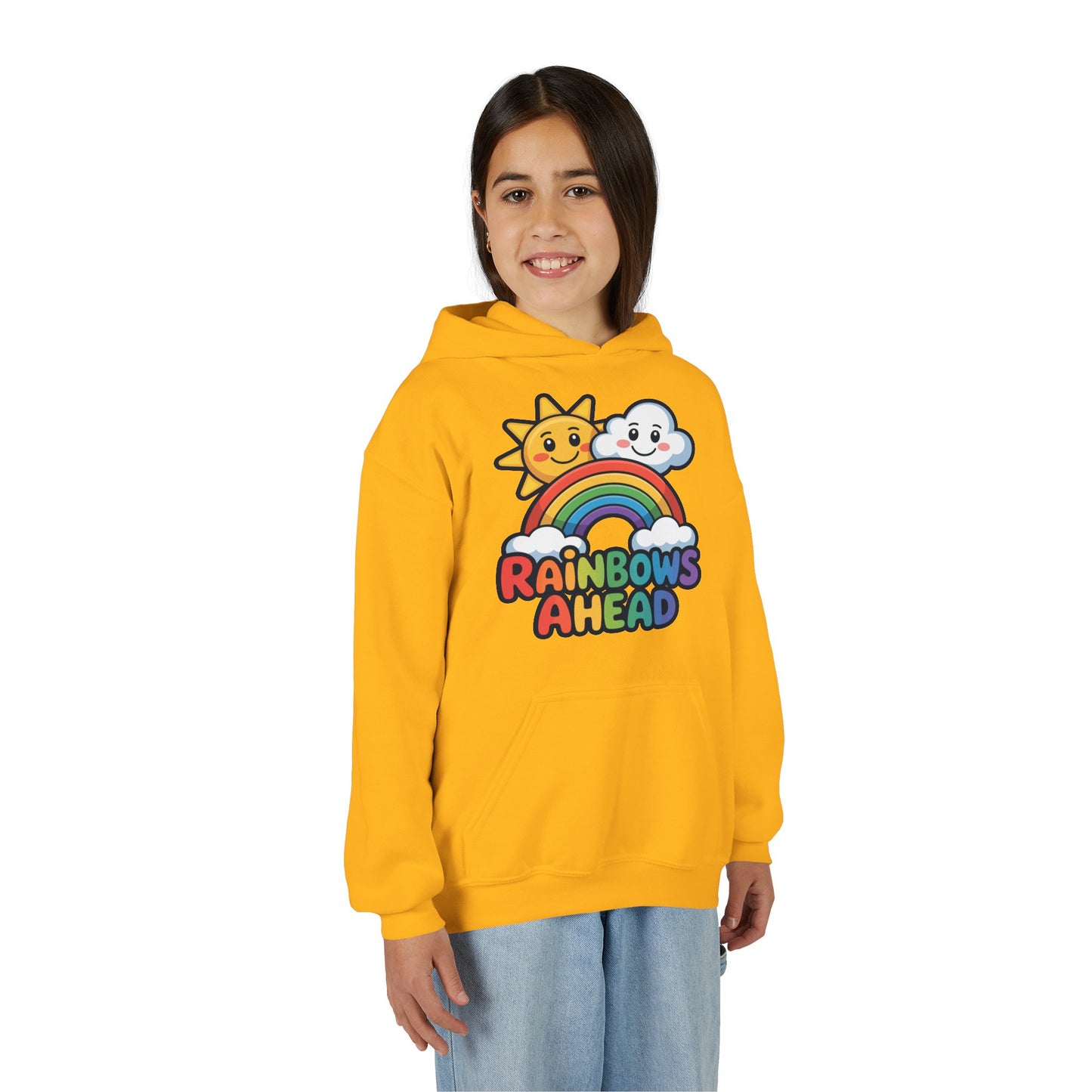 Youth Hoodie — "Rainbows Ahead" Cute Sun & Cloud Rainbow Kids Sweatshirt TEEZOCA