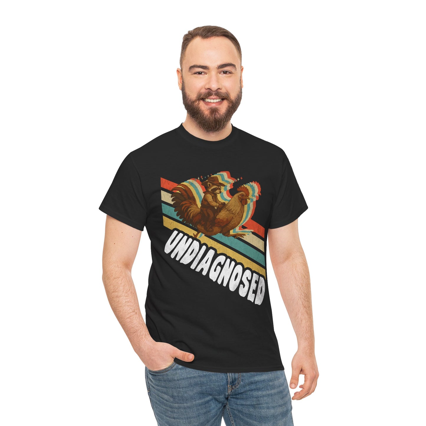 “Male model wearing Teezoca Undiagnosed shirt, distressed rainbow rooster illustration, black tee, casual fit.”