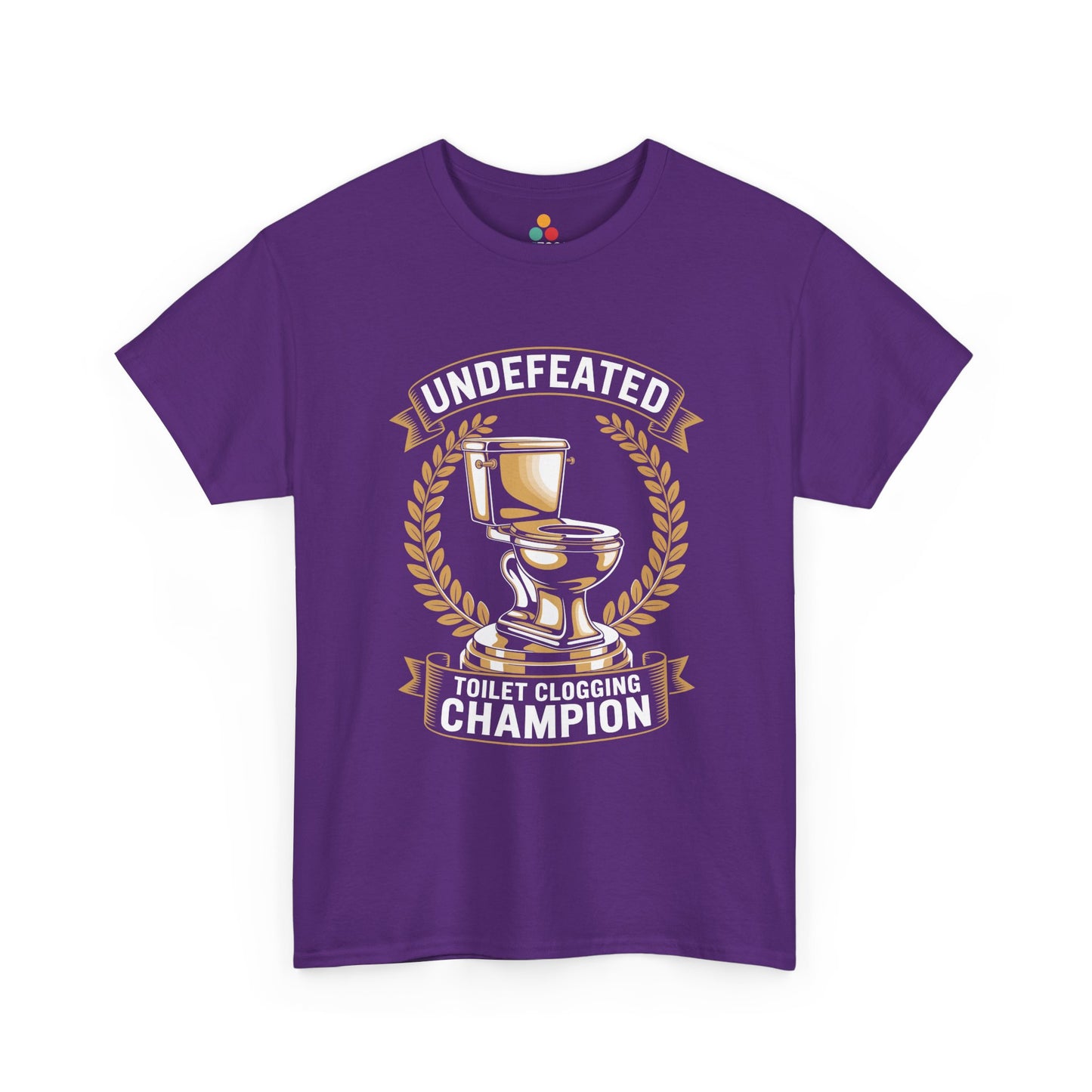TEEZOCA purple “Undefeated Toilet Clogging Champion” sarcastic graphic t‑shirt displayed flat.