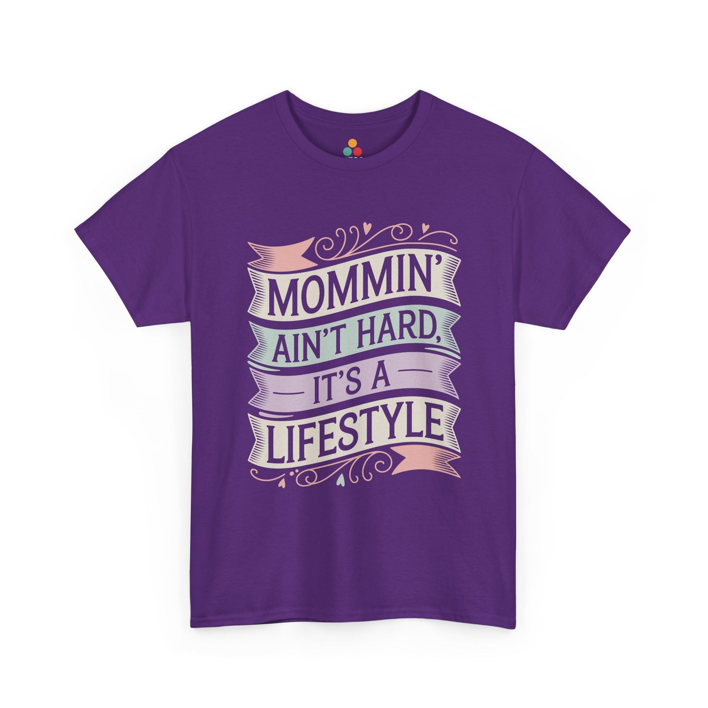 TEEZOCA purple “Mommin’ Ain’t Hard, It’s A Lifestyle” pastel mom tee shown flat.