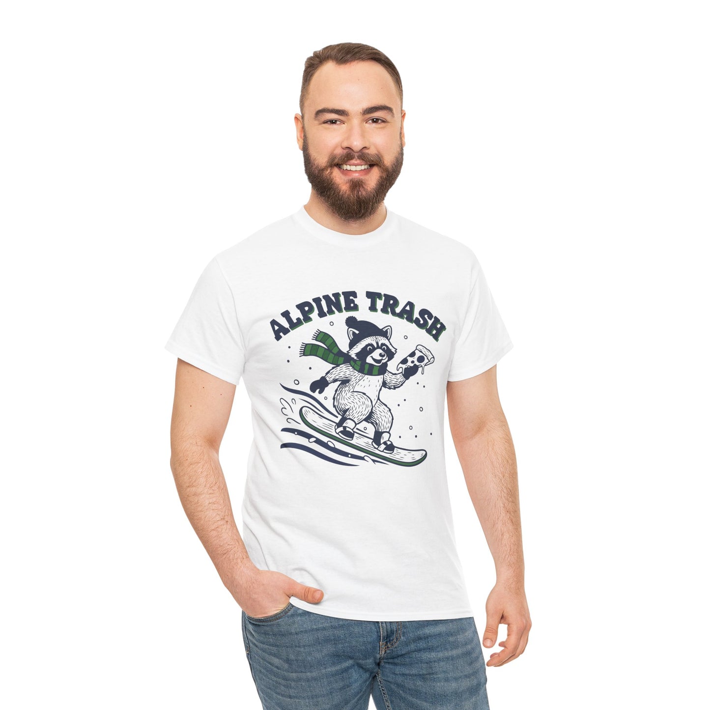 Alpine Trash Raccoon Snowboarding T‑Shirt – Funny Trash Panda Pizza Lover Ski Resort Tee | TEEZOCA