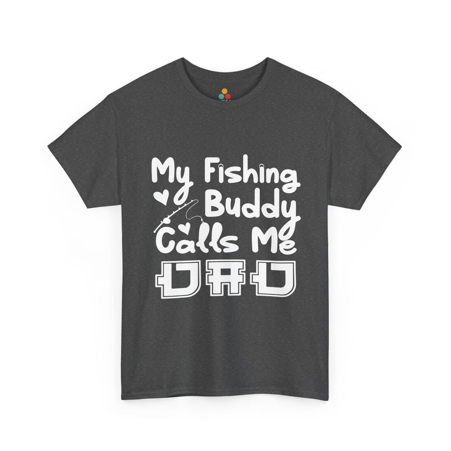 “My Fishing Buddy Calls Me Dad charcoal gray t‑shirt mockup, high‑contrast white fishing quote graphic, flat garment on neutral background – Teezoca POD mockup asset.”