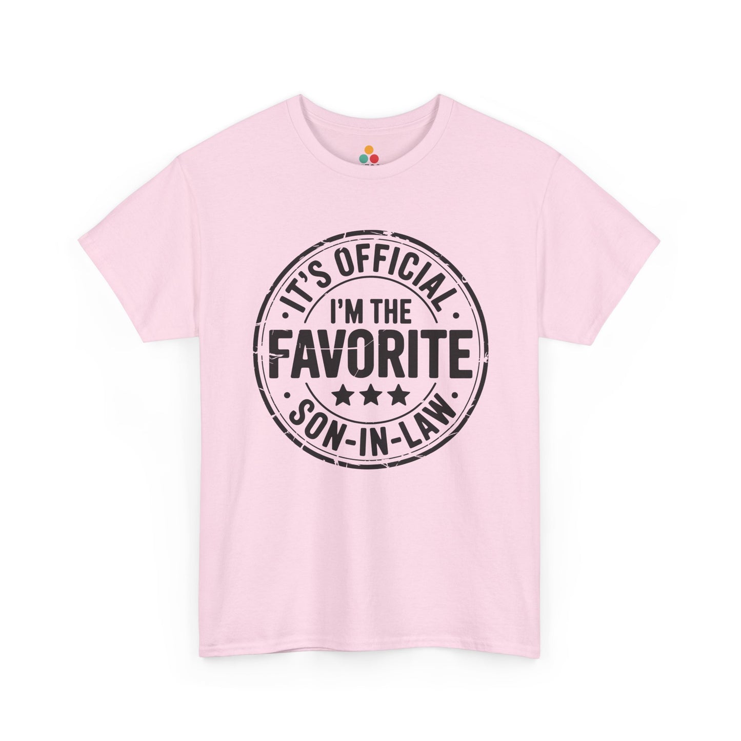 TEEZOCA pink “It’s Official I’m The Favorite Son‑in‑Law” playful in‑law gift t‑shirt shown flat.