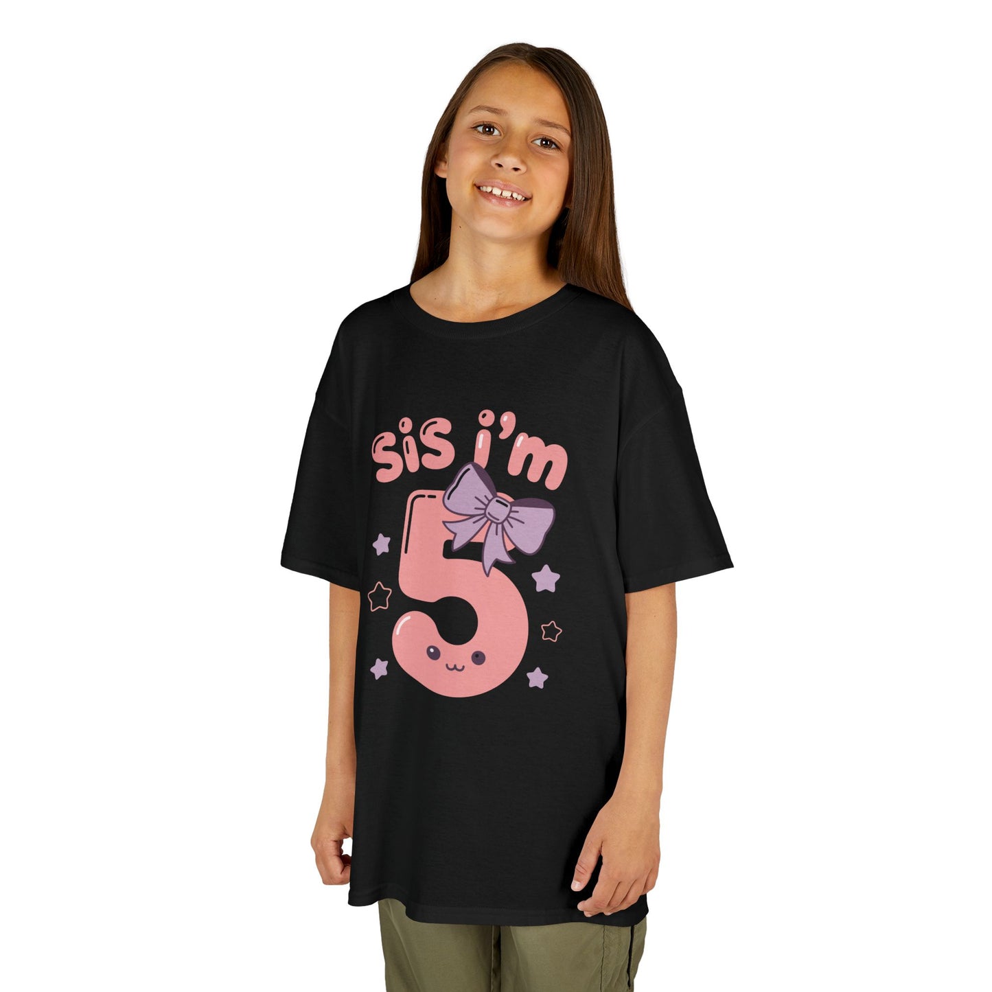 girl Model kids' t‑shirt with pink "Sis I'm 5" design, bow, and stars, flat front view.