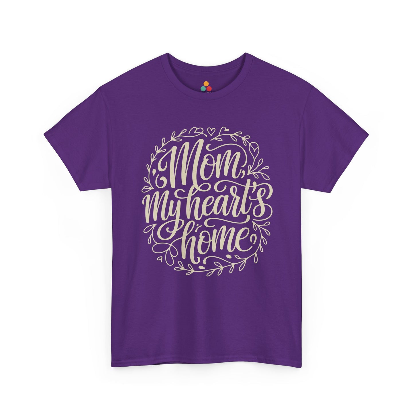 TEEZOCA purple "Mom My Heart's Home" sentimental mom life t‑shirt displayed flat.