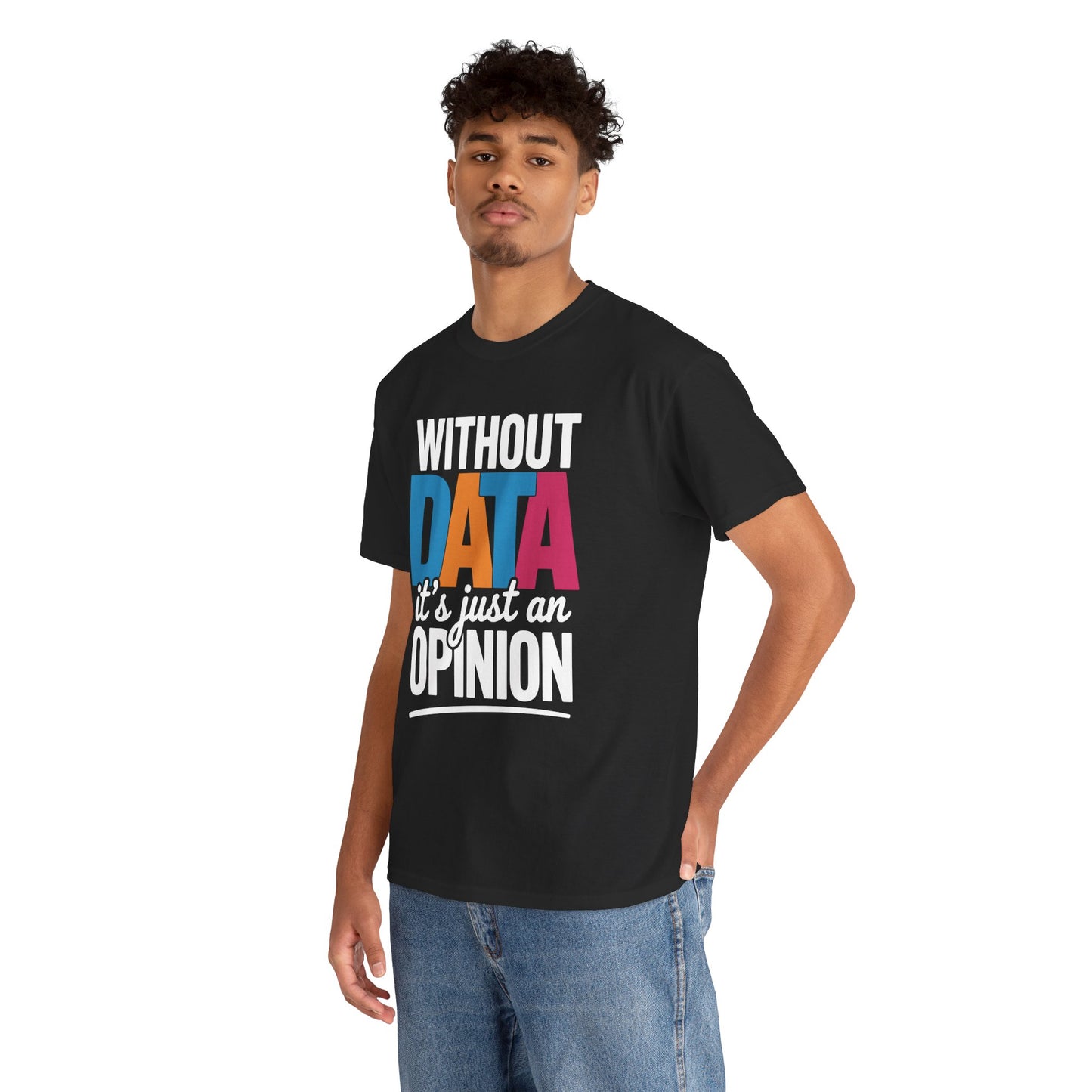 Men wearing Black t‑shirt with contrasting white and multicolor data quote, flat front view.