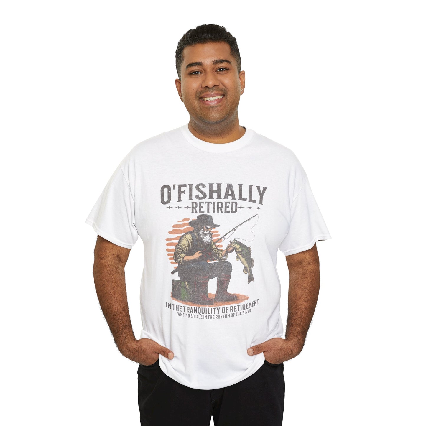 “Male model wearing Teezoca O’Fishally Retired fisherman retirement shirt, vintage fishing graphic and sunset stripes, white unisex tee, front view”