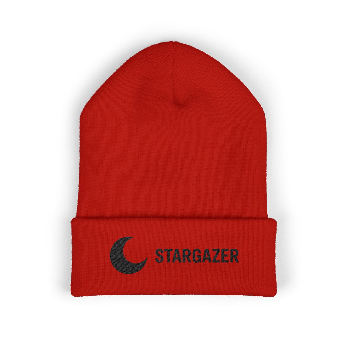 Red beanie with 'Stargazer' logo on a white background