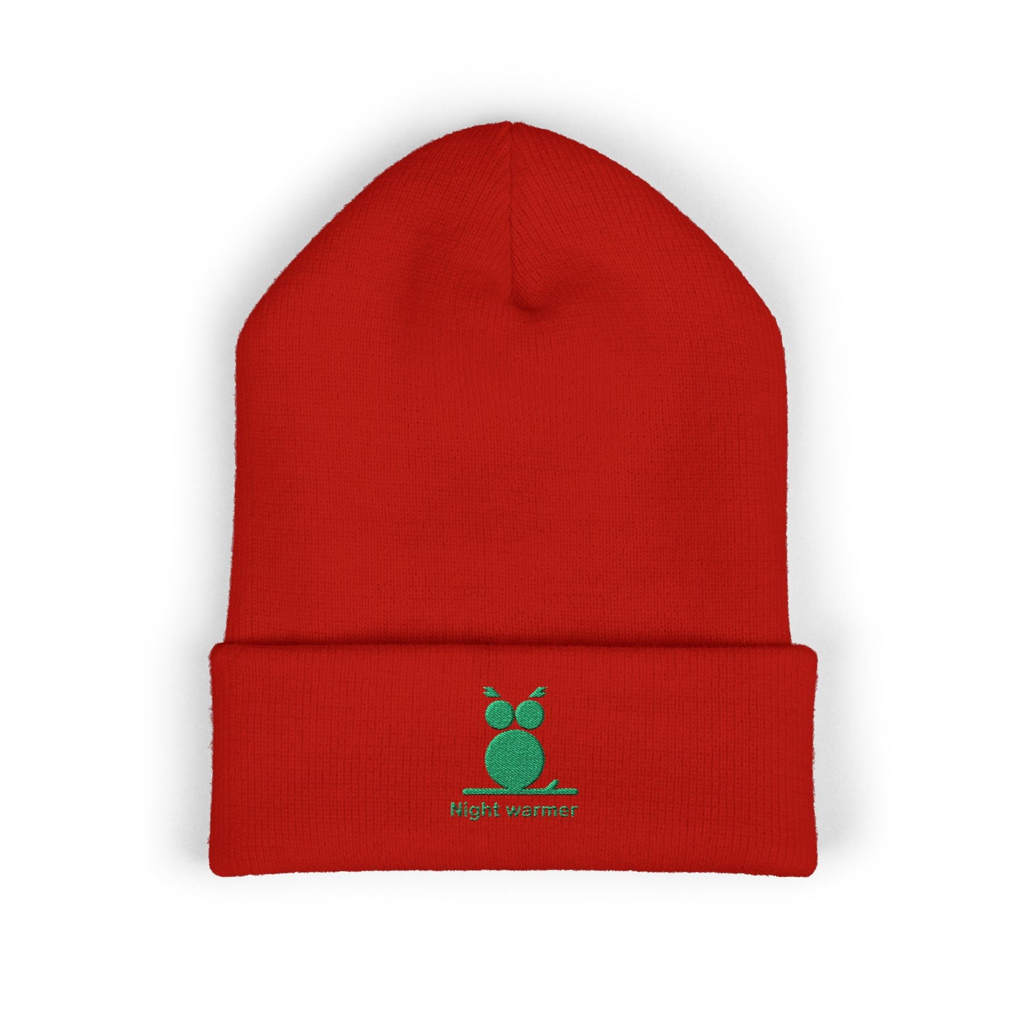 Red beanie. Green embroidered emblem on soft cuffed winter beanie