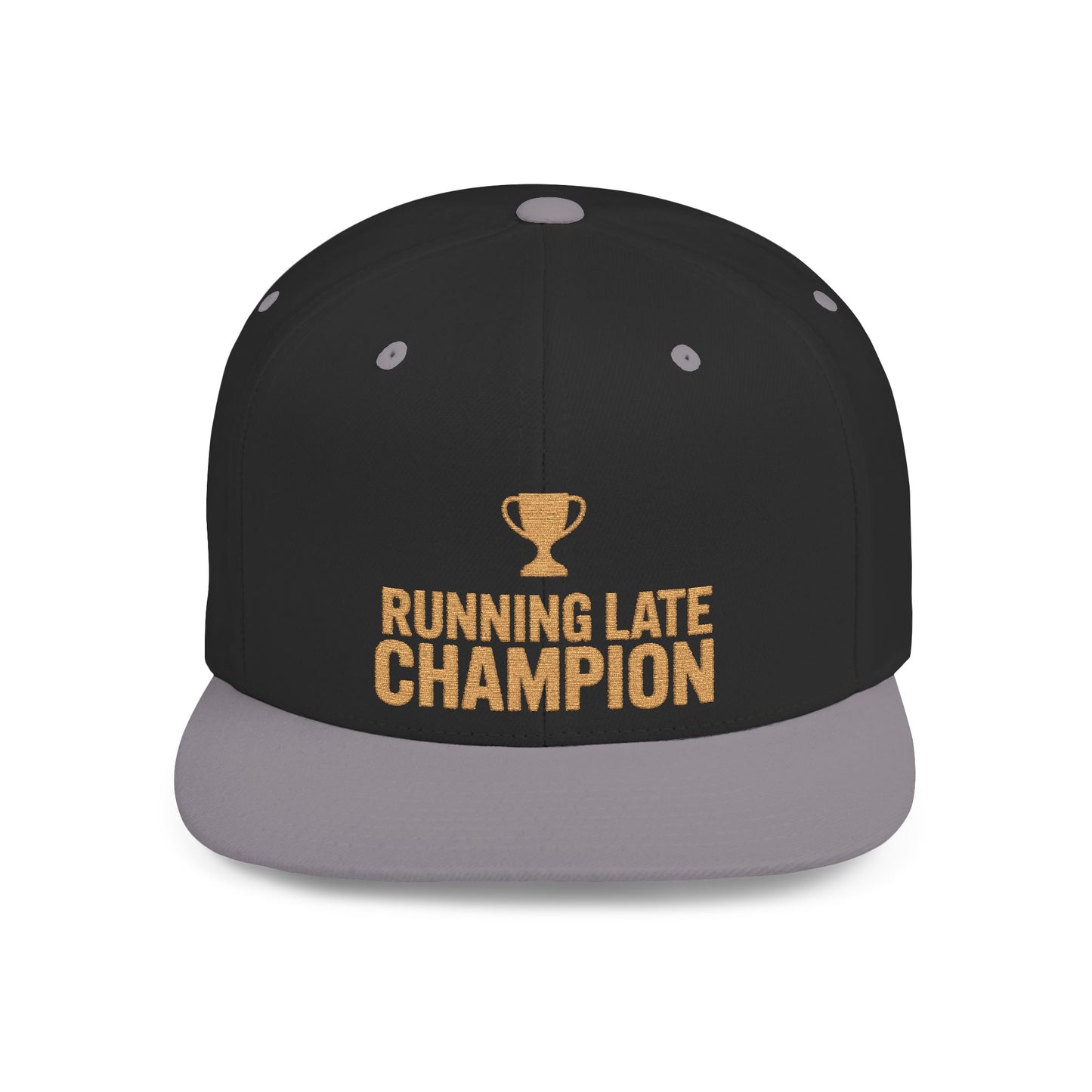 Black and gray cap with 'Running Late Champion' text and trophy icon on a white background