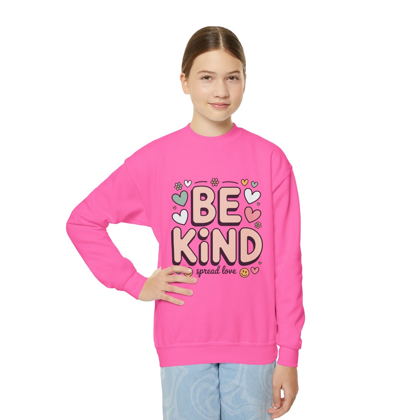 Be Kind Youth Crewneck Sweatshirt â Cute Heart Graphic, Spread Love Kids Sweater TEEZOCA