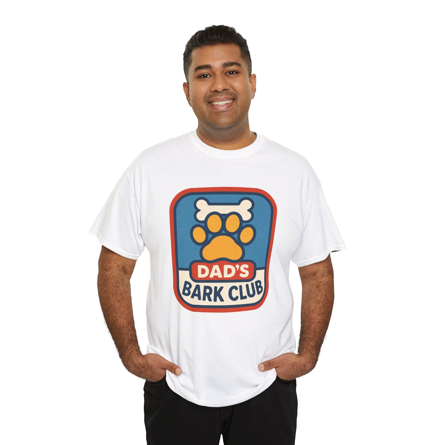 "Man wearing black 'Dad's Bark Club' dog paw and bone t‑shirt, front view."