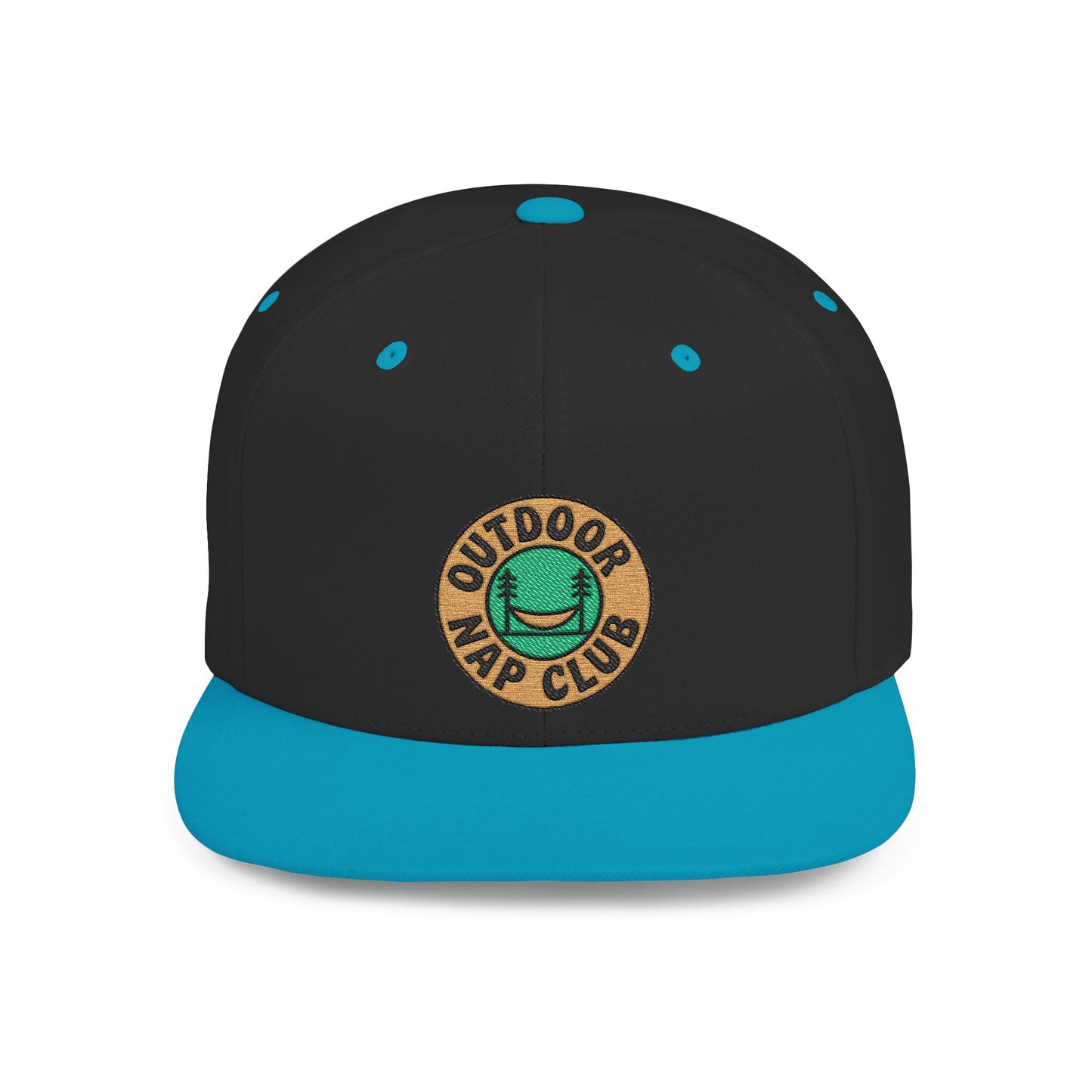 Black and blue cap with 'Outdoor Nap Club' logo on a white background