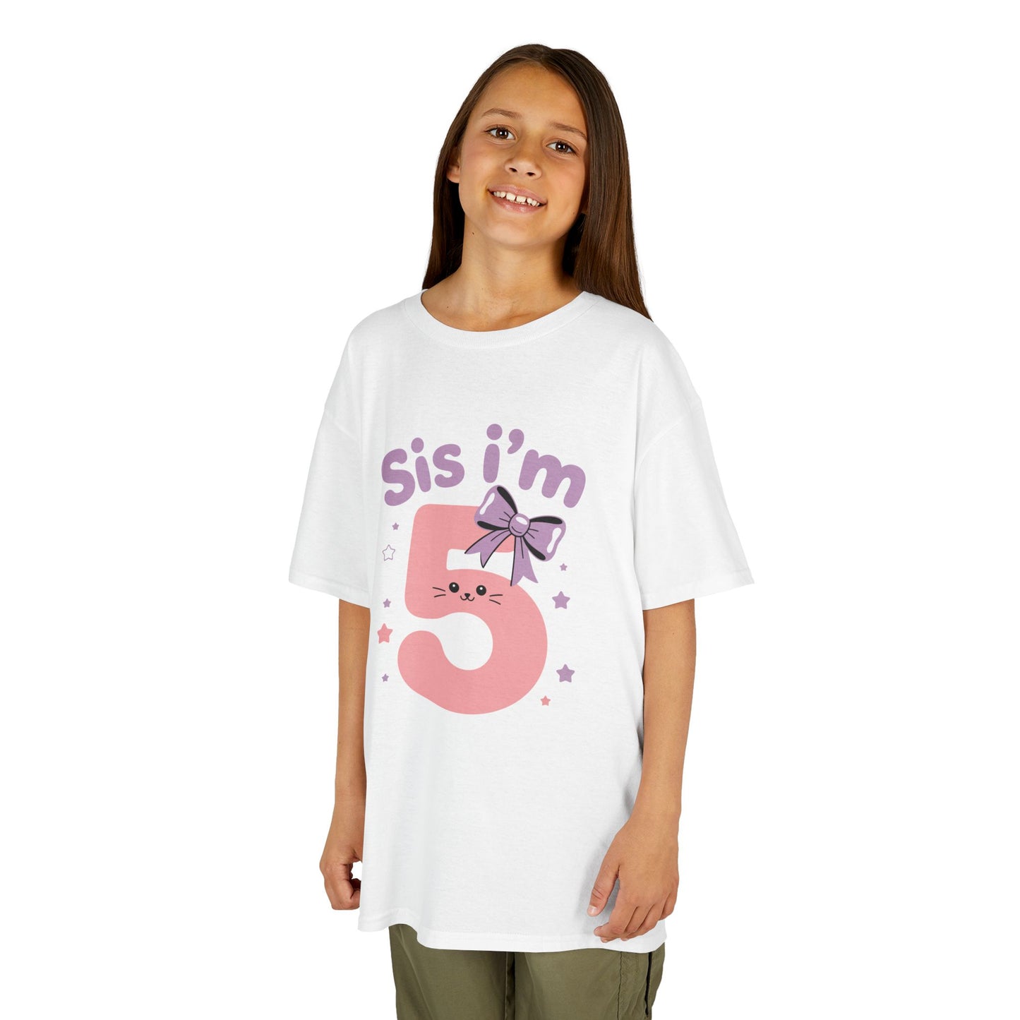 Young girl wearing a white t-shirt with 'Sis I'm 5' text and pink design on a white background