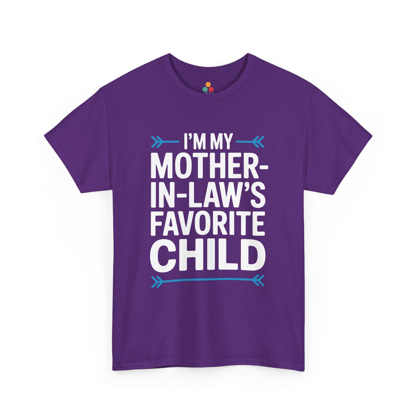 TEEZOCA purple “I’m my Mother‑in‑Law’s Favorite Child” family humor t‑shirt shown flat.