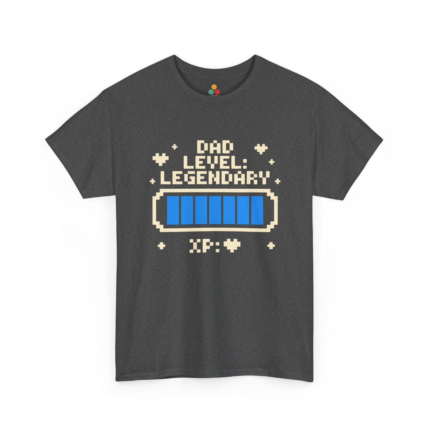 TEEZOCA dark gray “Dad Level Legendary” XP bar gaming dad T‑shirt displayed flat.