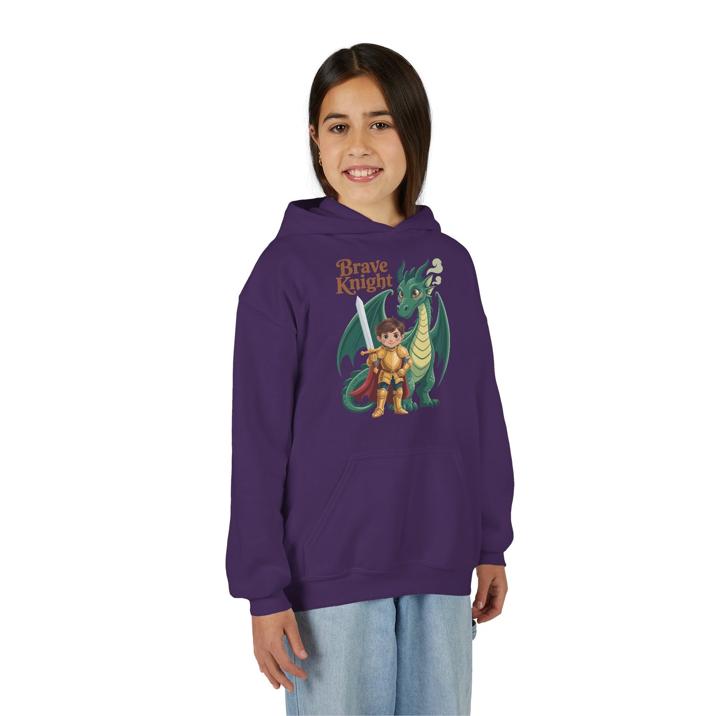 Brave Knight Youth Hoodie — Cute Dragon & Knight Graphic Sweatshirt for Kids TEEZOCA