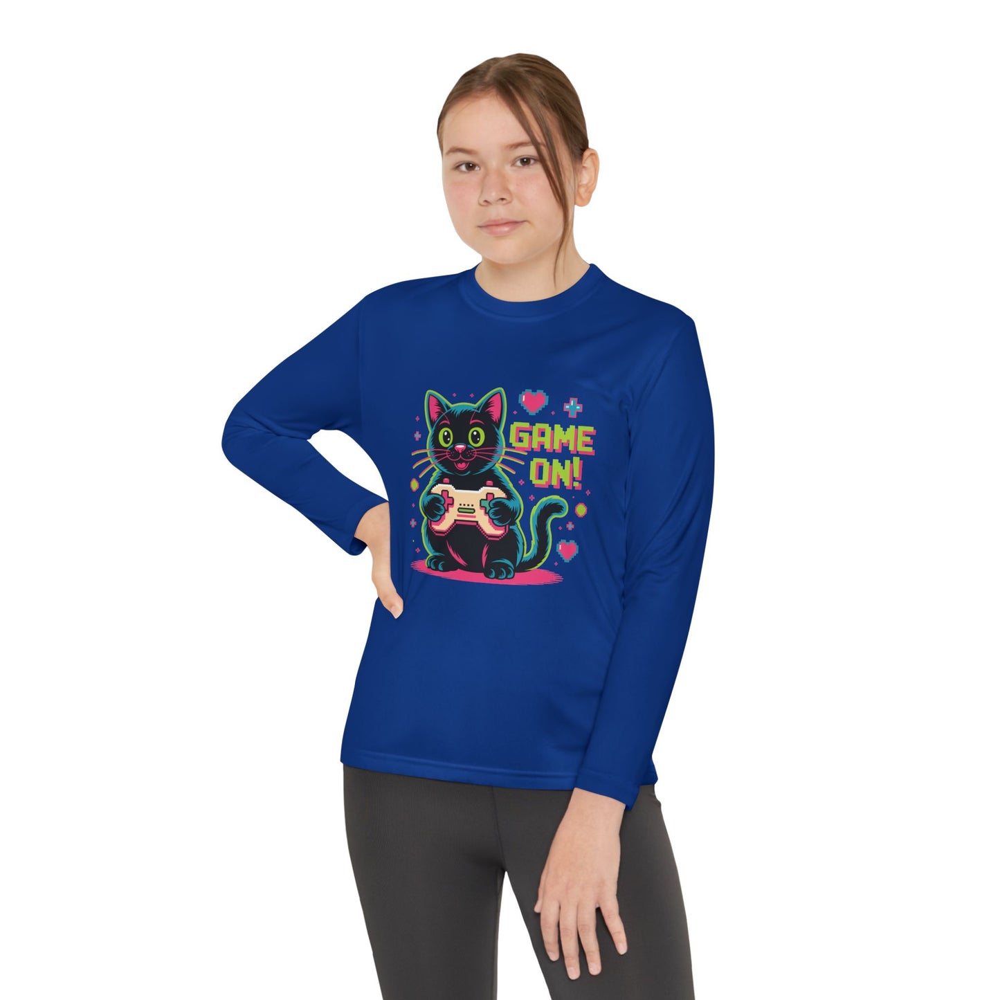 Youth Long Sleeve Tee — "Game On!" Gamer Cat Graphic TEEZOCA