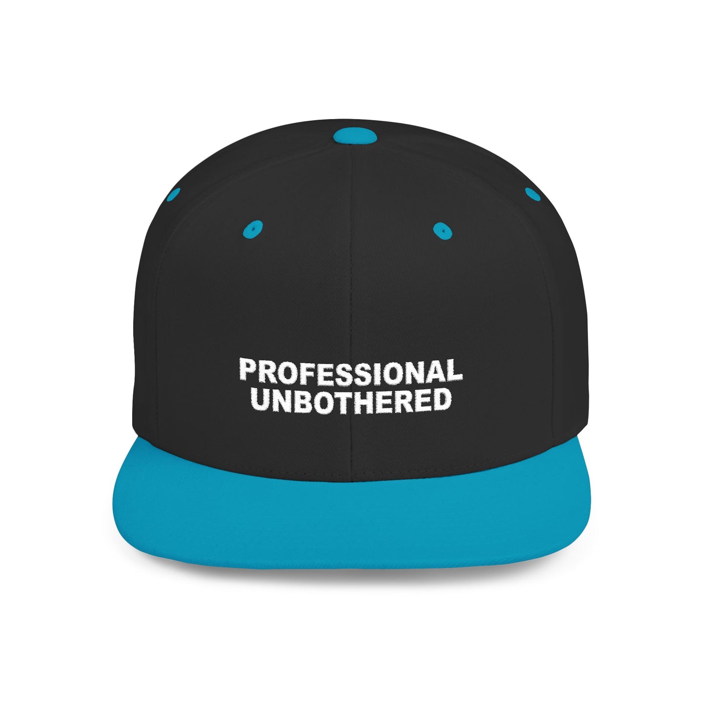 Black and blue cap with 'PROFESSIONAL UNBOtherED' text on a white background