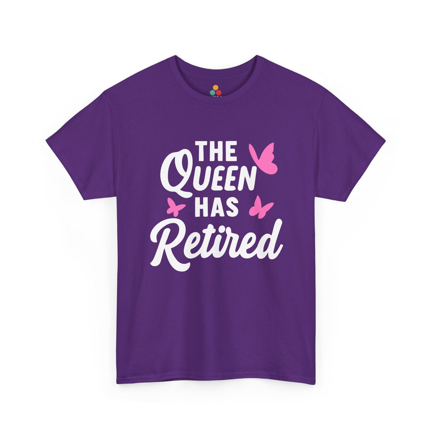“Purple Teezoca The Queen Has Retired shirt, white lettering and pink butterflies, flat front display.”