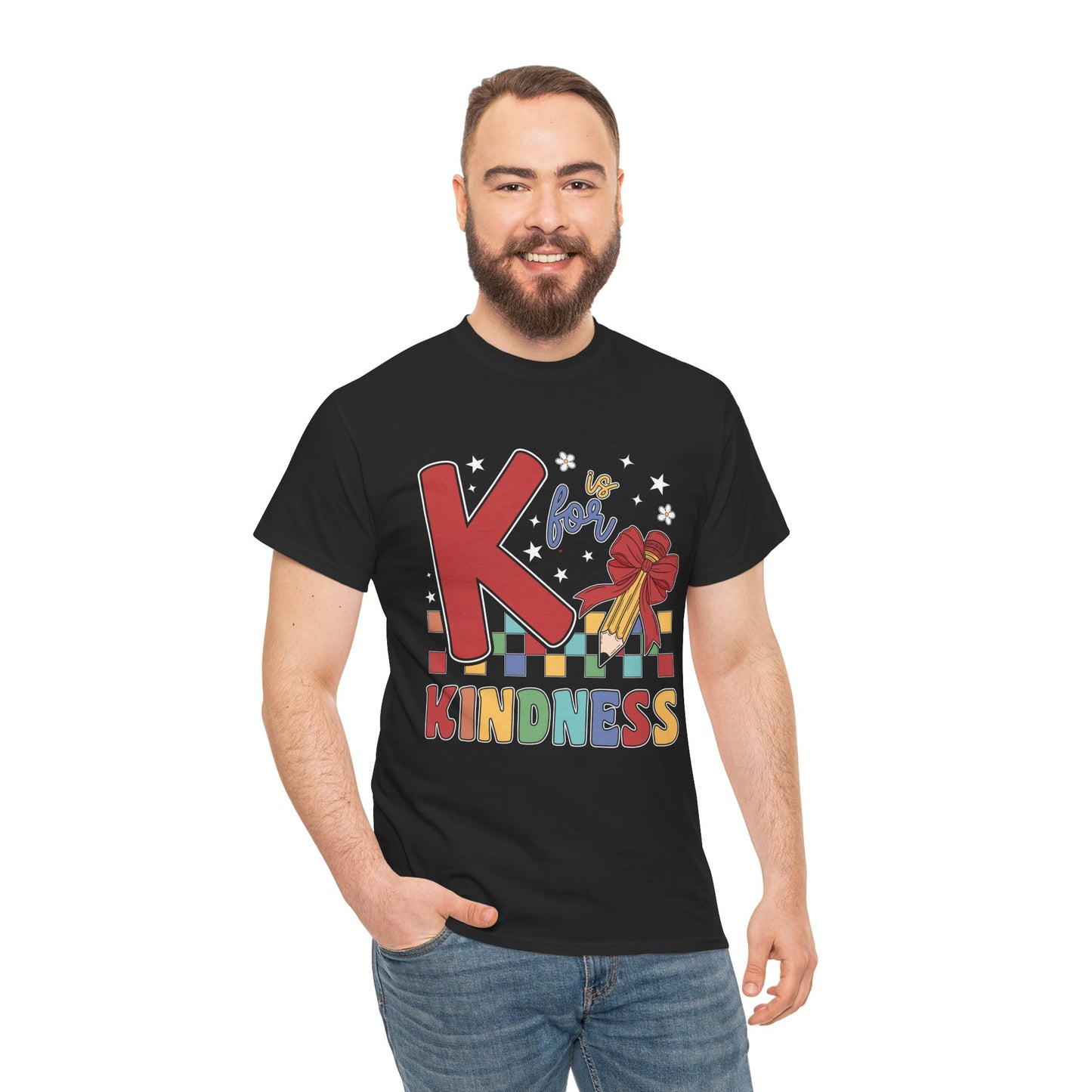 “Male teacher in Teezoca K is for Kindness t-shirt, bold red K and rainbow kindness letters, black tee, casual pose.”