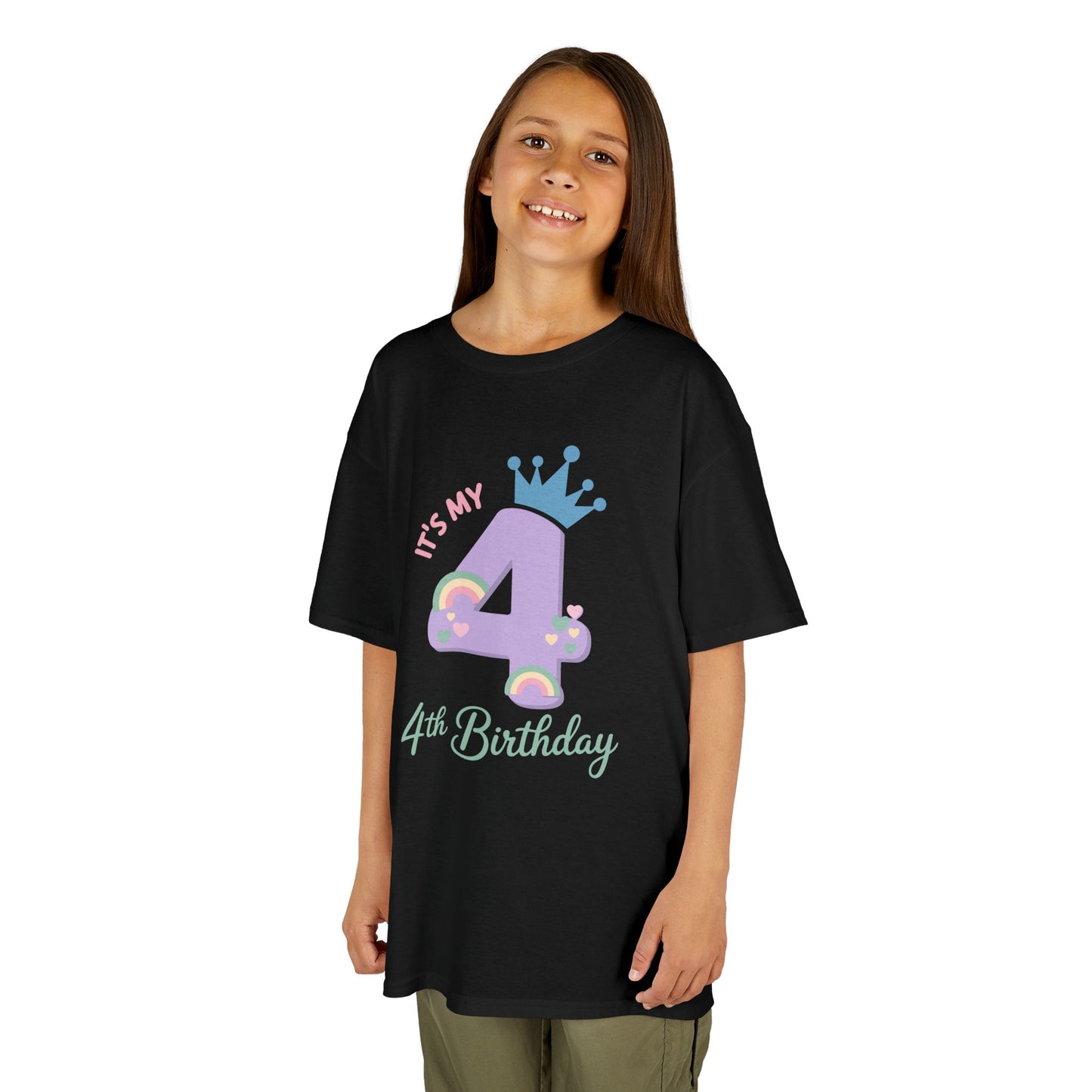 Child wearing a black t-shirt with a colorful '4th Birthday' design on a white background Black kids’ t‑shirt with lavender 4, teal crown, pastel rainbows and hearts, and “It’s My 4th Birthday” text, flat front view.