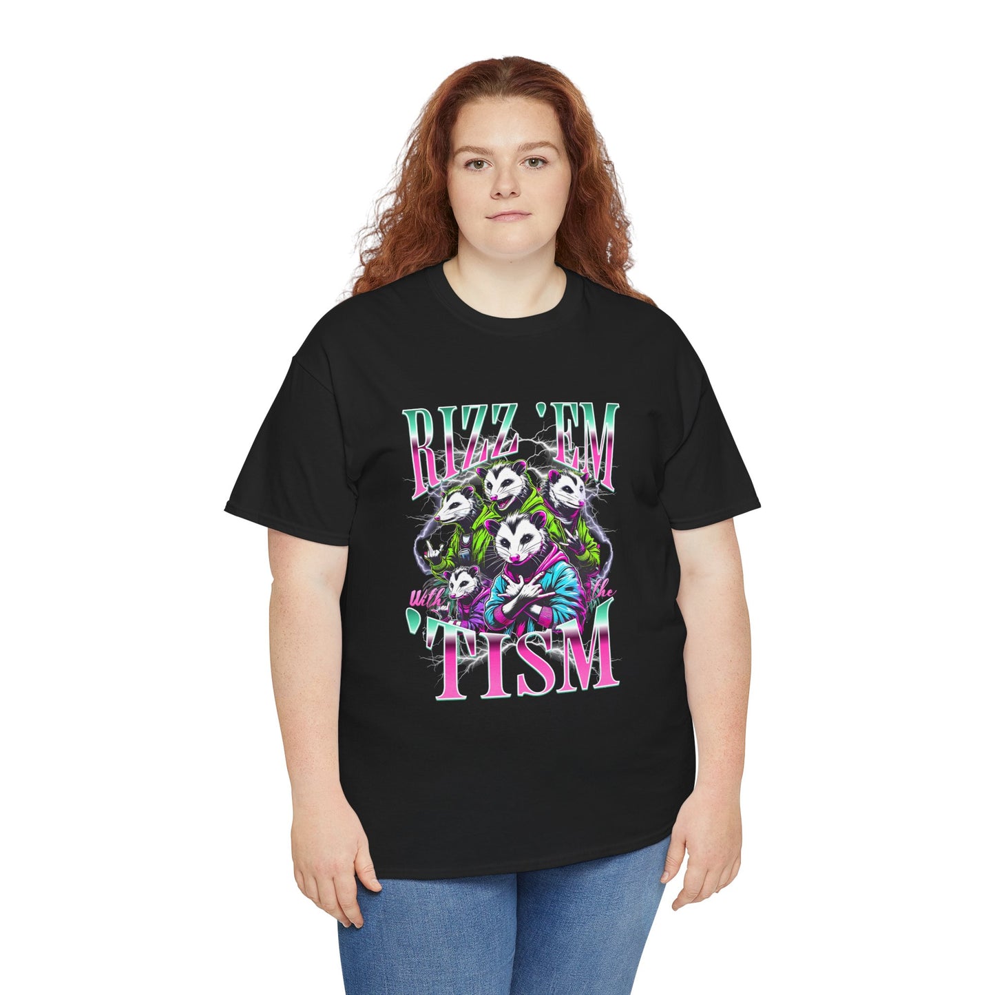 “Women model wearing black ‘Rizz ’Em With the ’Tism’ neon opossum autism meme t‑shirt, front view.”