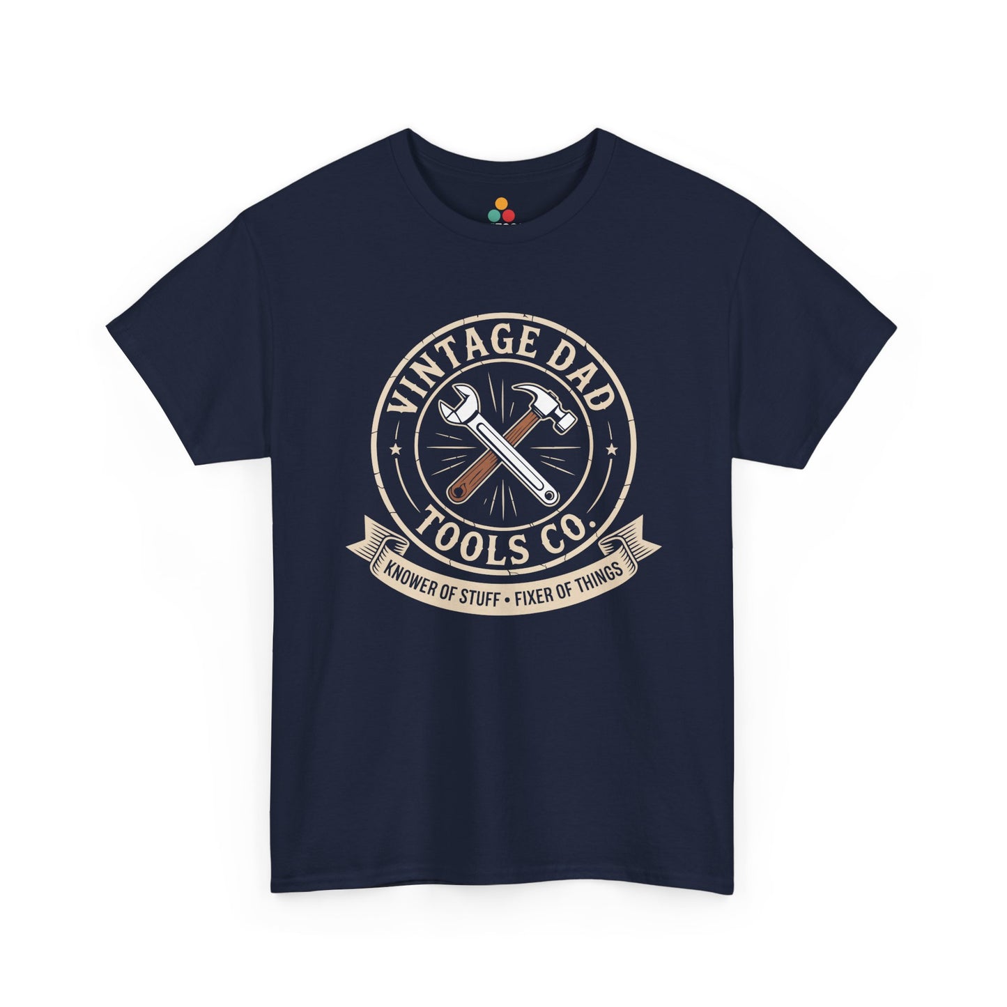 TEEZOCA navy “Vintage Dad Tools Co. Knower Of Stuff Fixer Of Things” novelty handyman dad T‑shirt displayed flat.