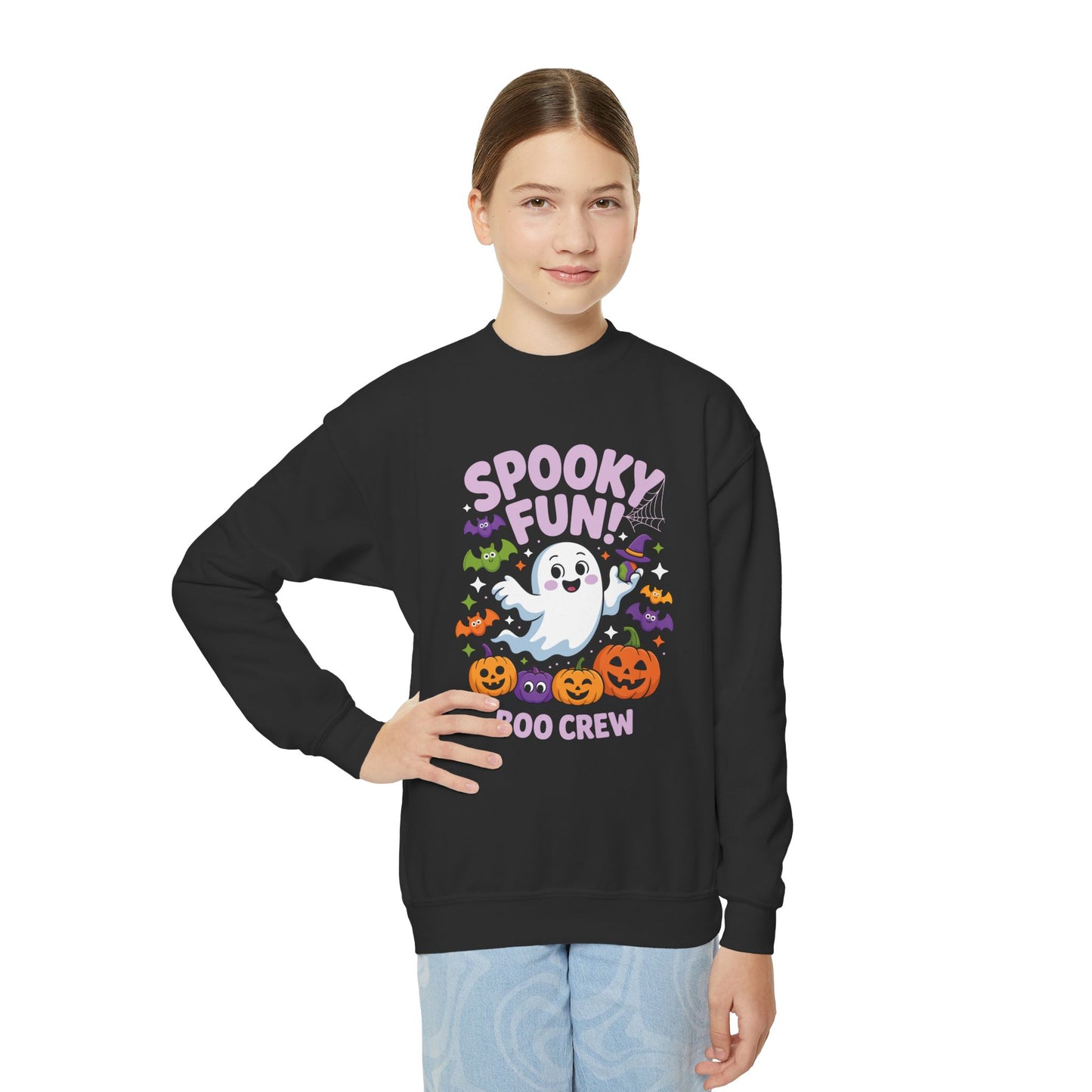 Youth Crewneck Sweatshirt - "Spooky Fun Boo Crew" Halloween Ghost Pumpkin Kids Sweatshirt TEEZOCA