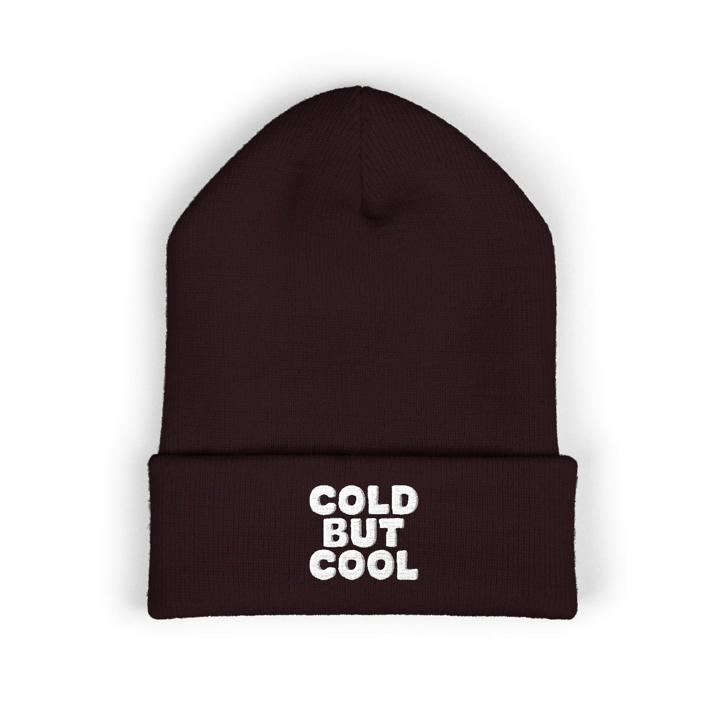 Brown beanie with 'Cold But Cool' text on a white background