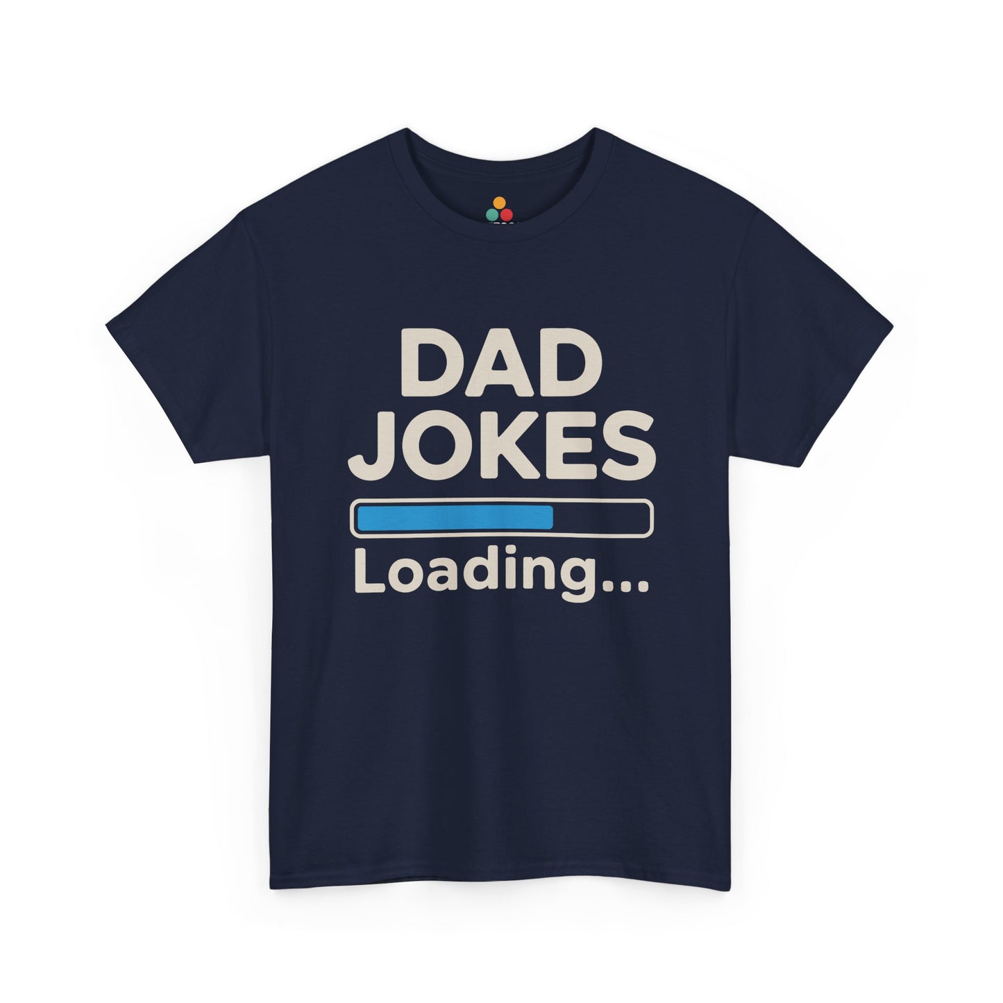 TEEZOCA navy “Dad Jokes Loading” dad joke t‑shirt laid flat.