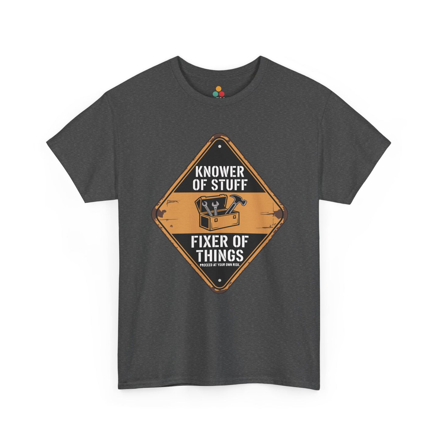 TEEZOCA dark gray “Knower Of Stuff Fixer Of Things” funny dad handyman t-shirt laid flat.