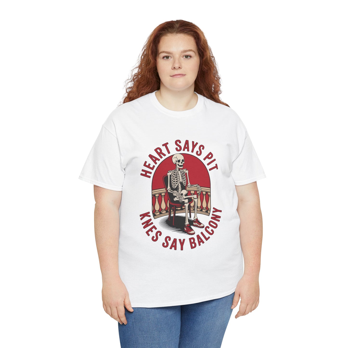 Female model wearing white “Heart Says Pit Knees Say Balcony” skeleton chair concert quote tee, front view.