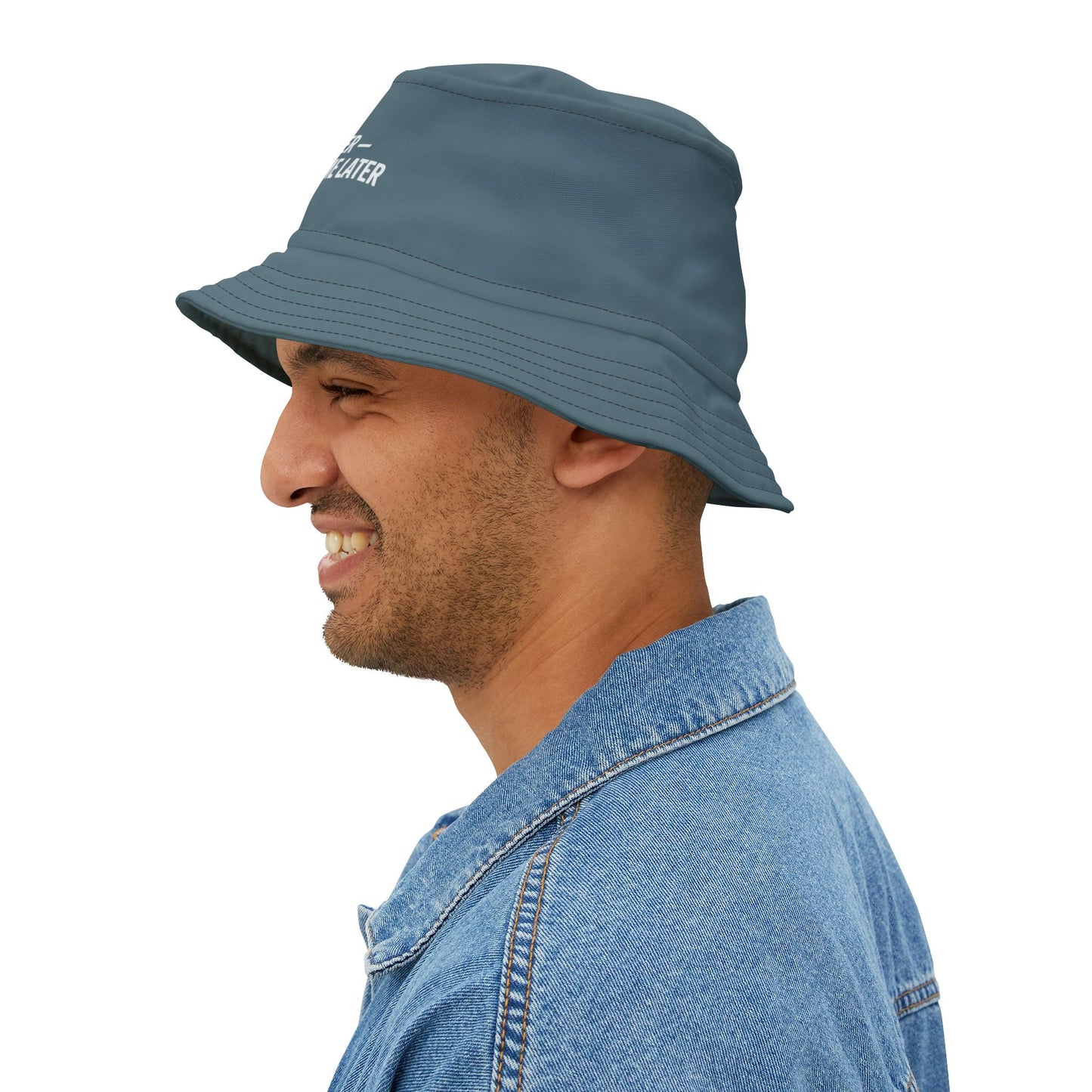 Funny blue bucket hat with text 'Out of order - please reboot me later' on a white background. TEEZOCA