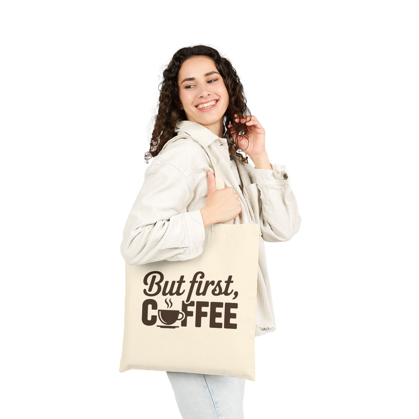 Minimal coffee-themed typography design on a modern TEEZOCA tote bag