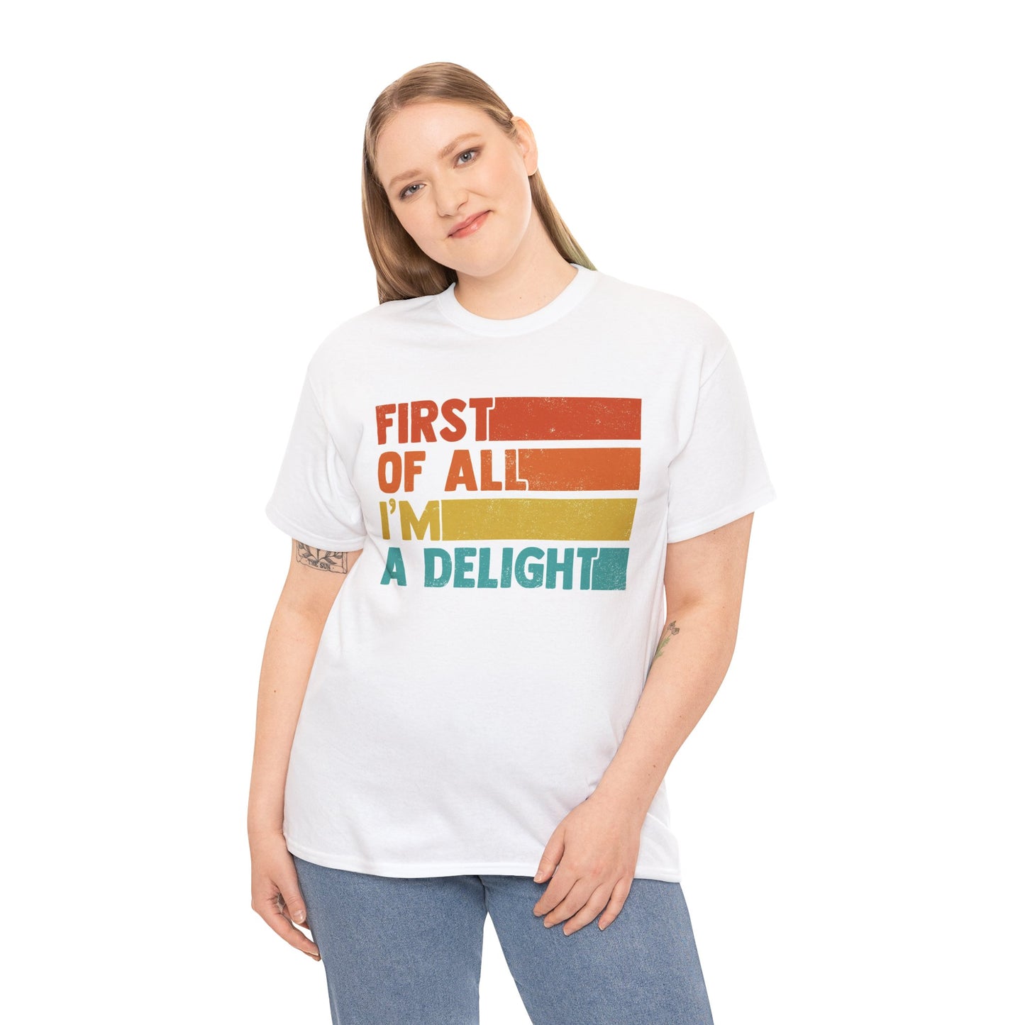 “Woman wearing white colorful ‘First Of All I’m A Delight’ self‑love tee, front view.”