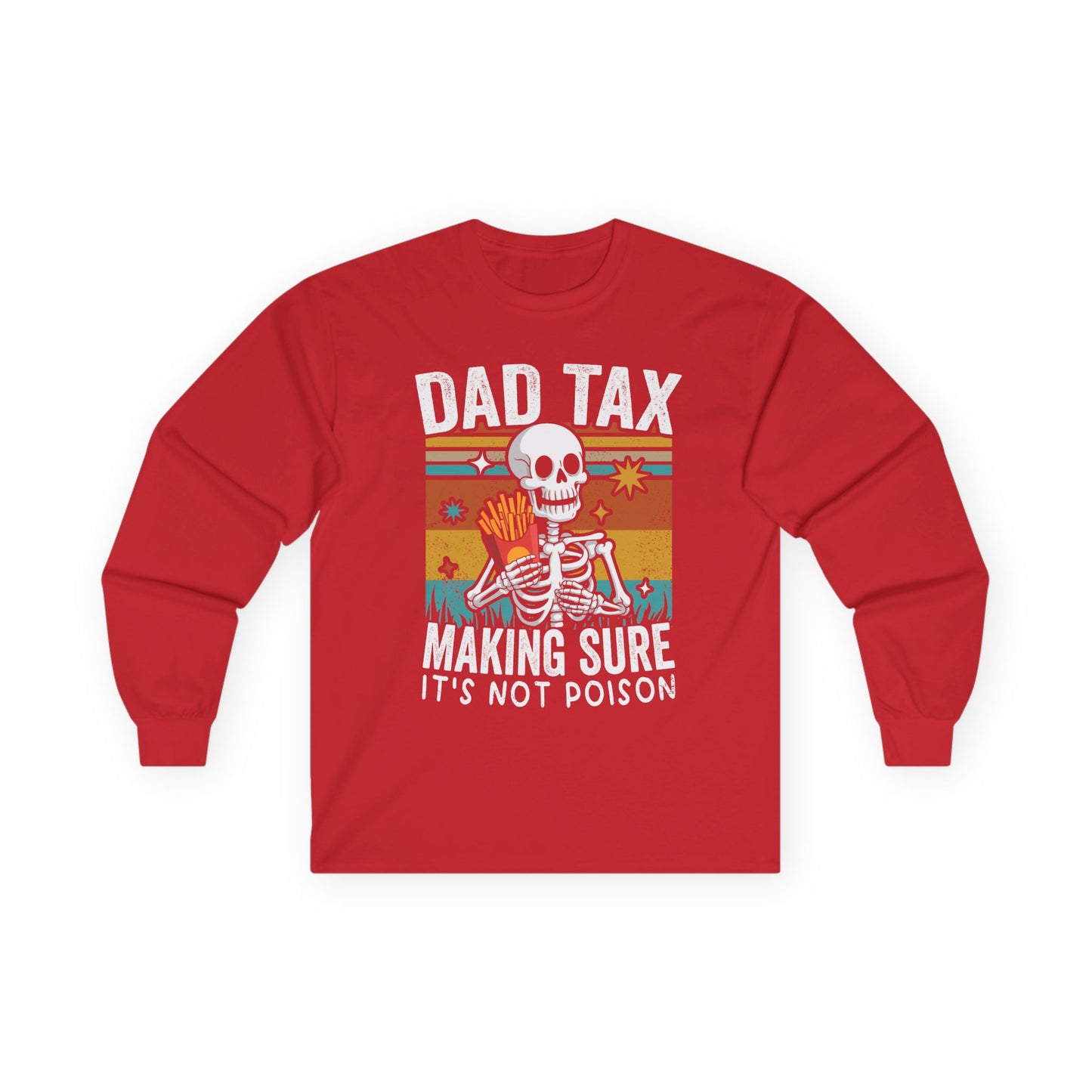 Red long-sleeve shirt with skeleton graphic and text on a white background
