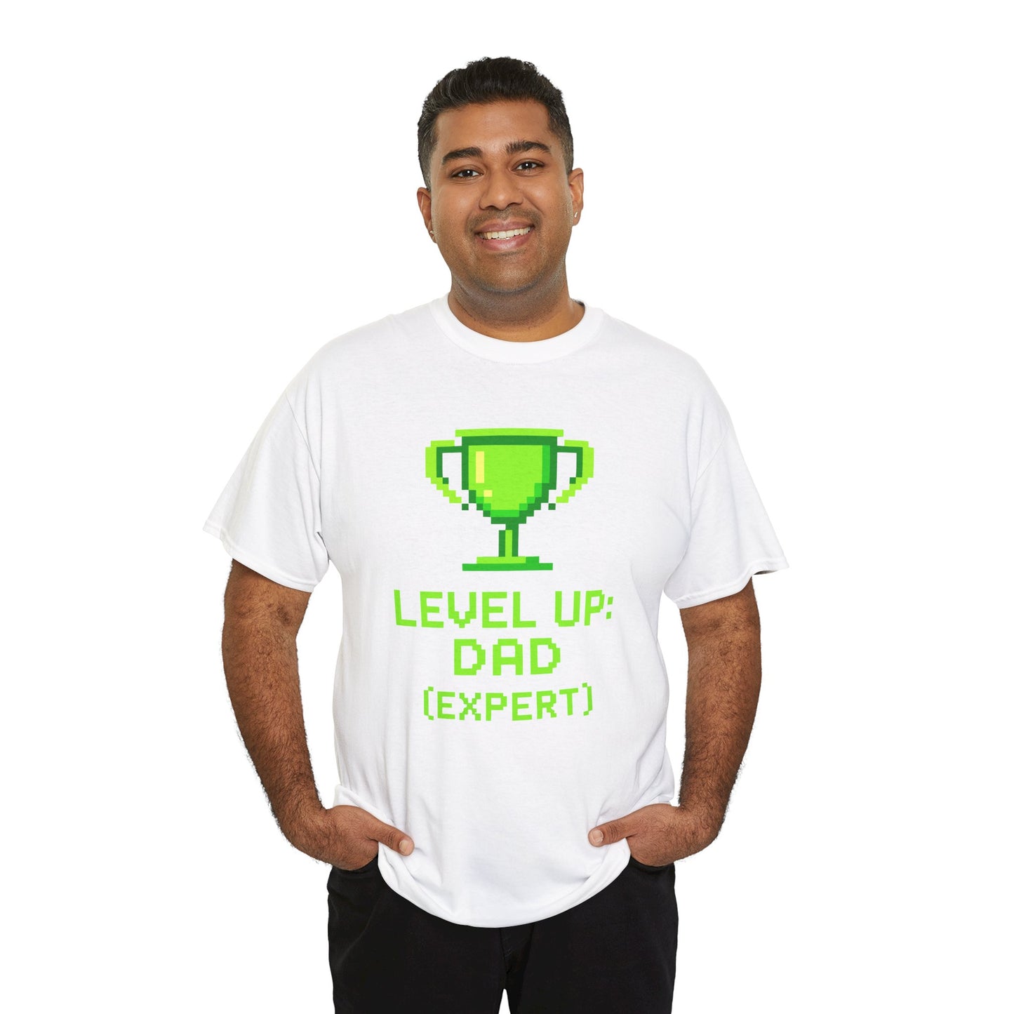 “Man wearing white ‘Level Up: Dad (Expert)’ gamer trophy t‑shirt, front view.”