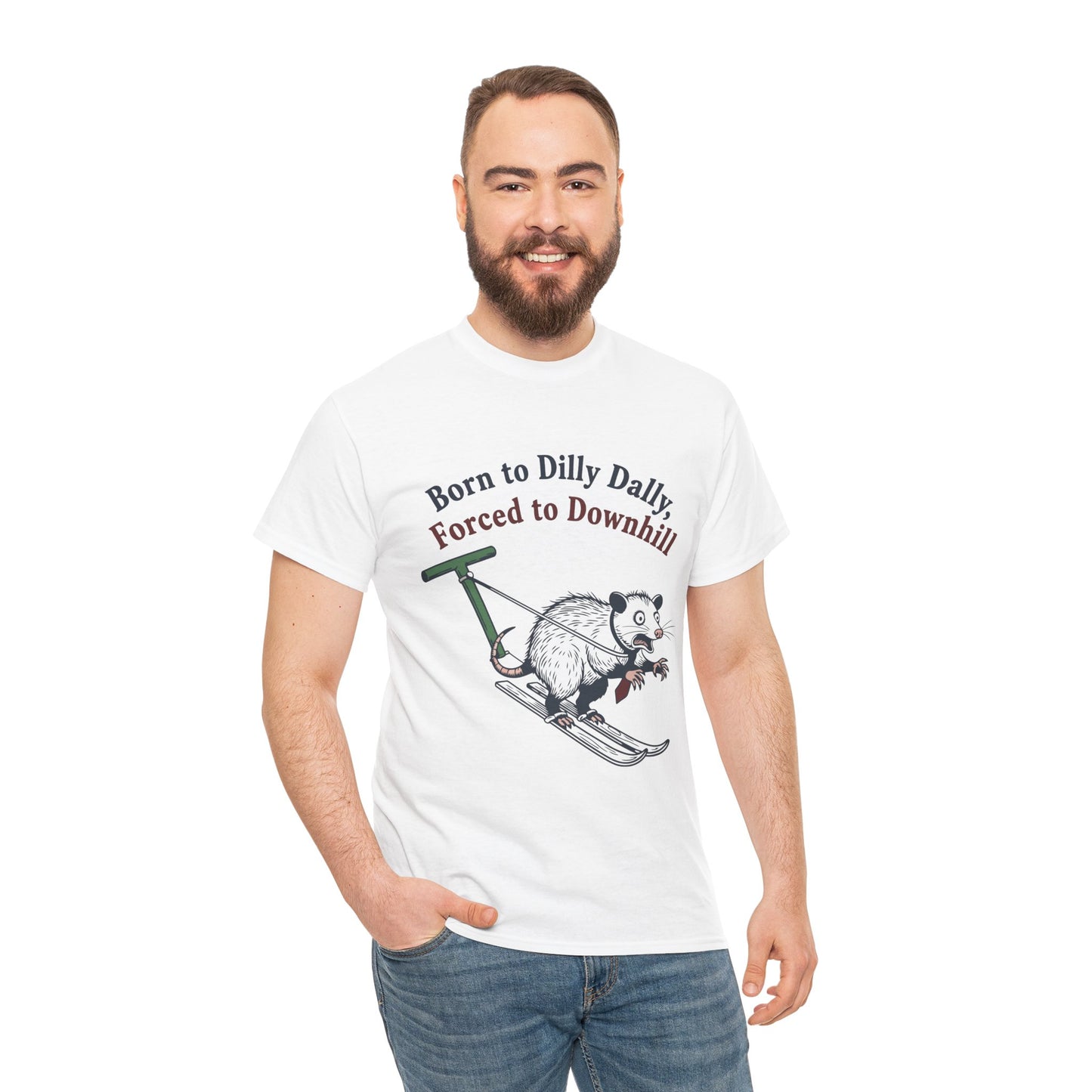 Opossum Skiing Graphic T-Shirt - "Born to Dilly Dally, Forced to Downhill" Funny Winter Tee | TEEZOCA