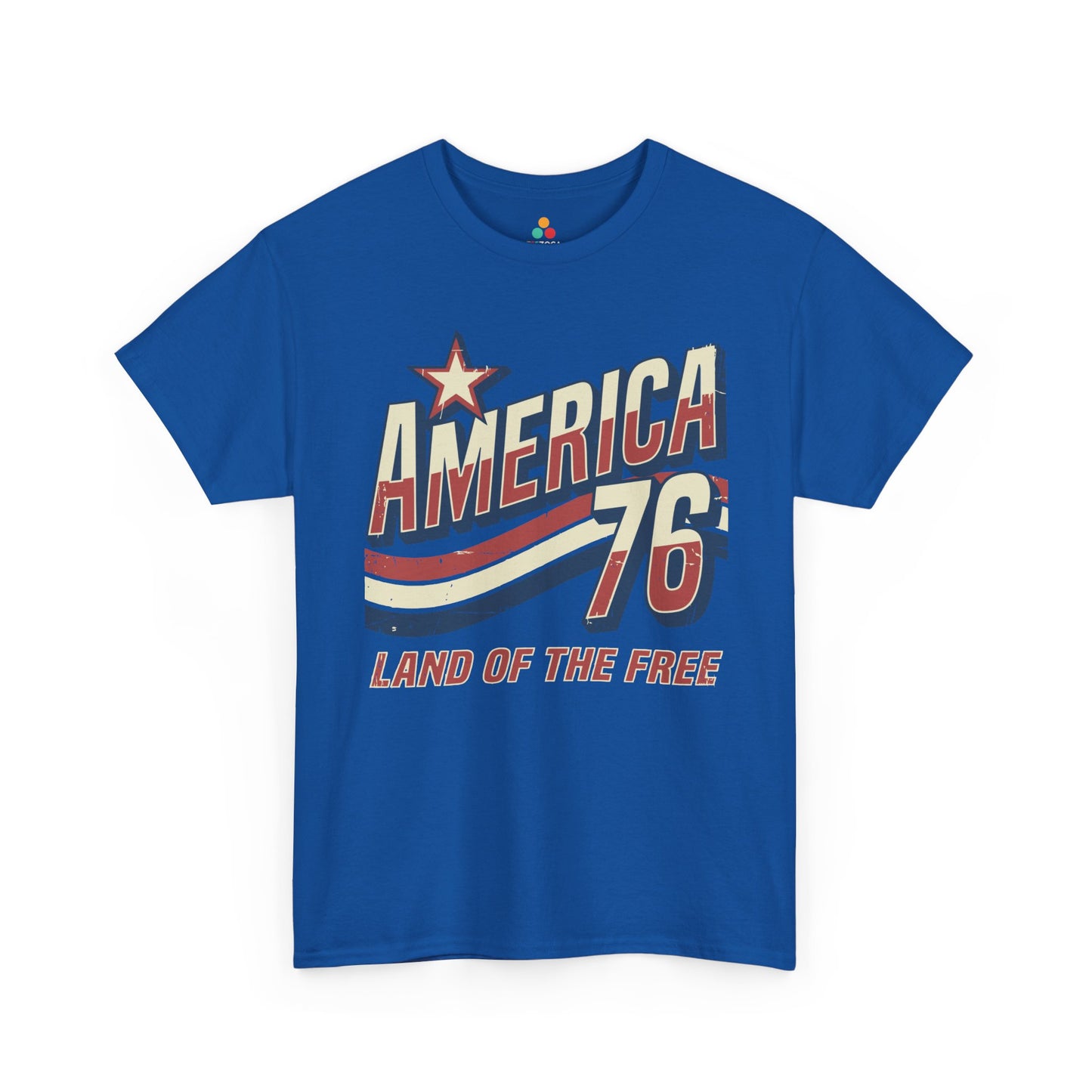 American Vintage T Shirt Retro America 76 Land of the Free T-shirt | TEEZOCA vintage america tee T-shirt with land of the free shirt message, bold cream lettering, red stripe motion, and navy outlines.