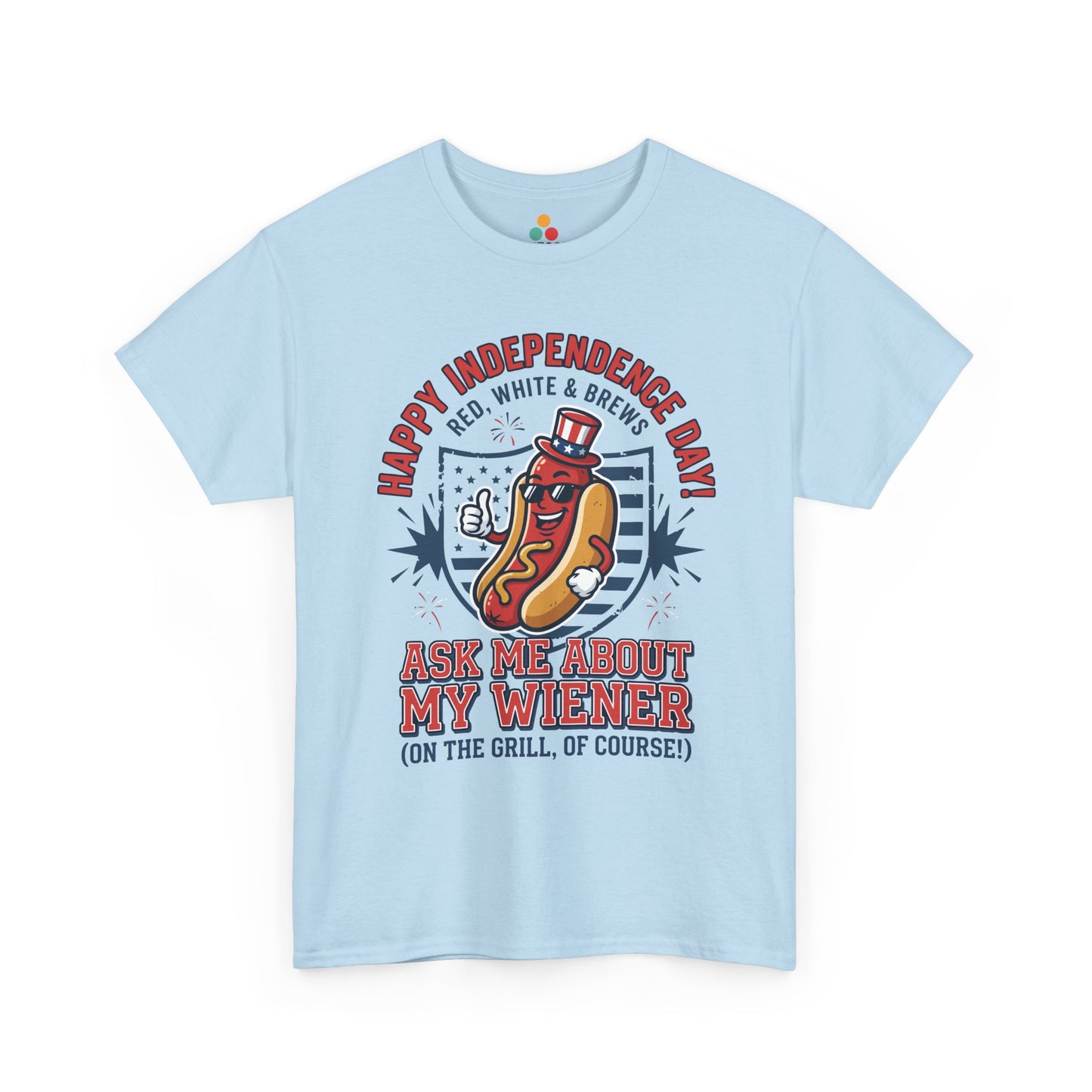 Ask Me About My Wiener Funny light blue T-Shirt – Retro Patriotic BBQ Gift for Men and Women | TEEZOCA