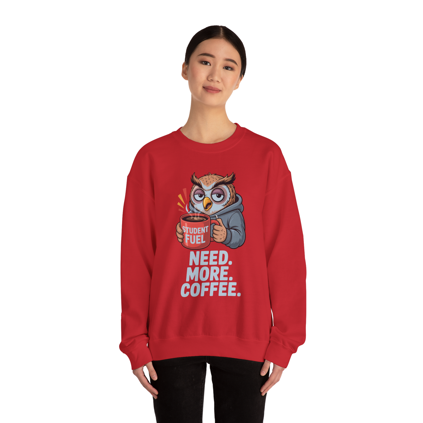 Caffeine humor unisex sweatshirt for students who need more coffee Red sweatshirt with owl graphic and text worn by a person on a white background