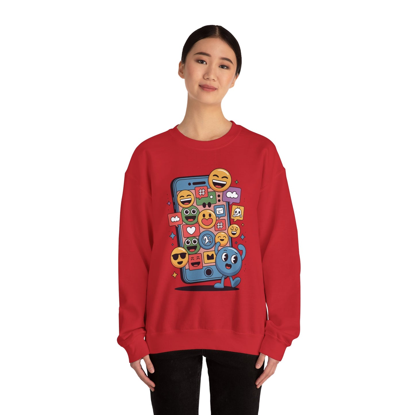Cartoon emoji sweatshirt representing online reactions and digital communication Person wearing a red sweatshirt with colorful emoji design on a white background