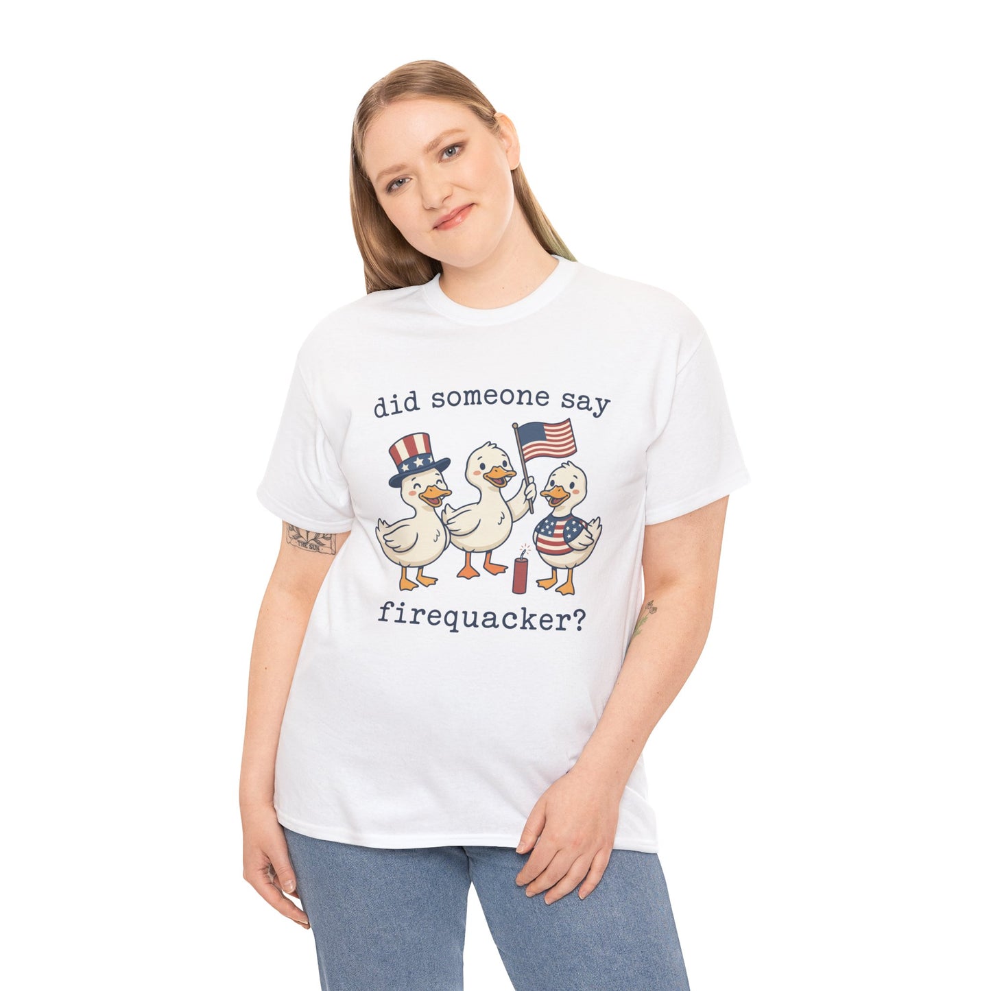 Did Someone Say Firequacker? Funny 4th of July Duck Women Model T-Shirt – Patriotic USA Gift | TEEZOCA