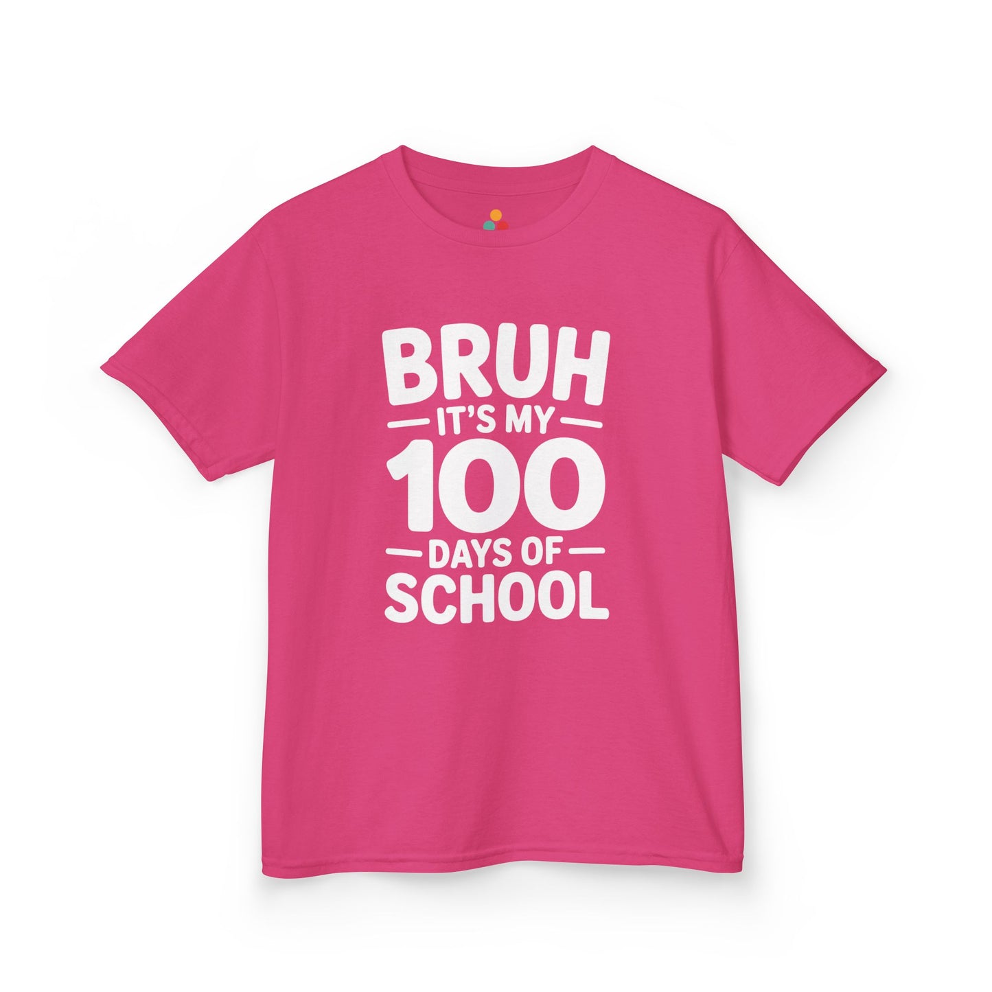 Flat lay of a pink TEEZOCA “Bruh It’s My 100 Days Of School” graphic Kids t‑shirt.